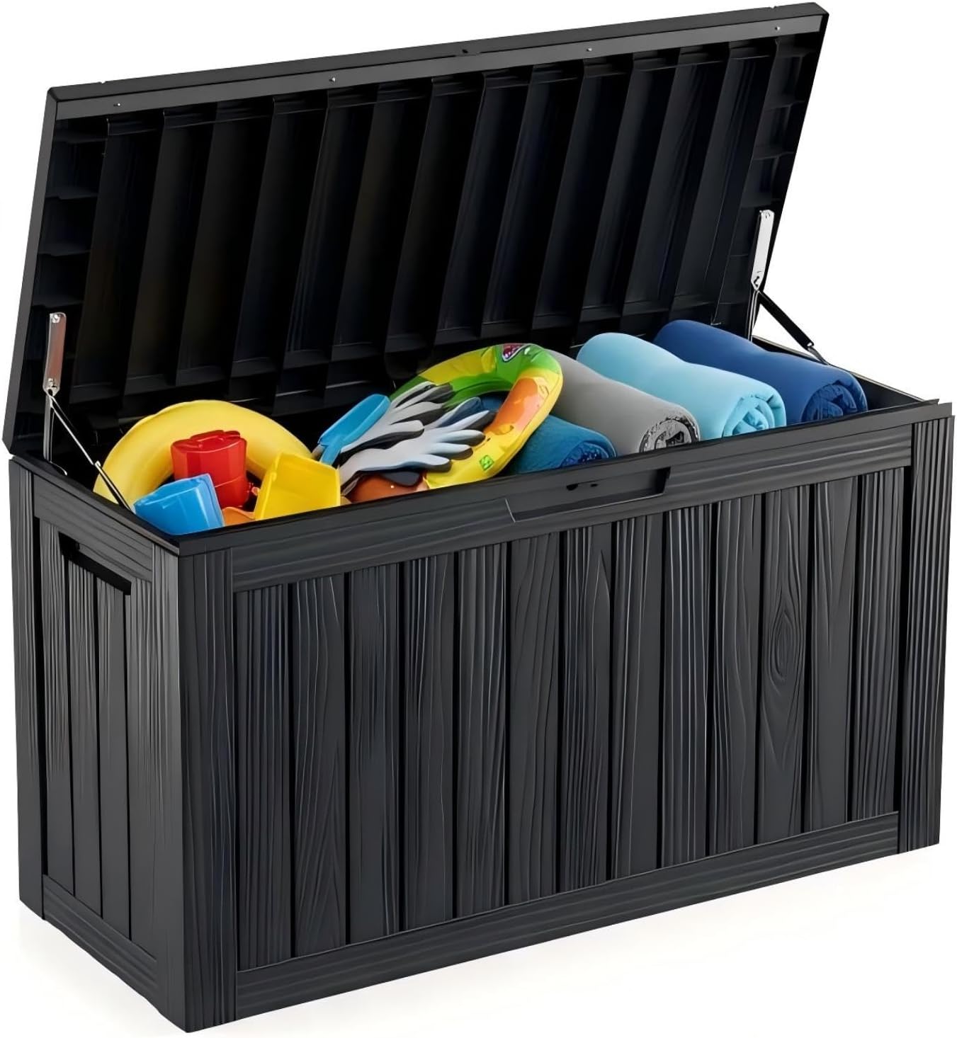 80 Gallon Resin Deck Box, Outdoor Storage Container for Patio Furniture Cushions, Garden Tools, Pool Accessories & Yard Equipment - All-Weather, Lockable, Wood Grain Design