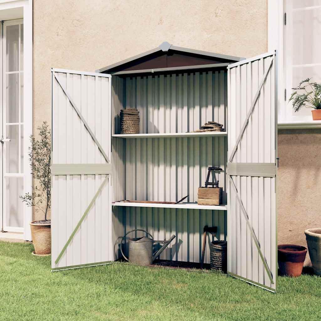 Gartenschuppen aus braunem pulverbeschichtetem Stahl 116 x 107 x 175 cm Gerätehaus mit Regal & Dach Outdoor Storage Shed für Garten Balkon Garage