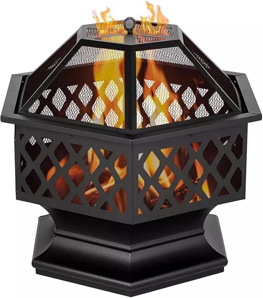 Garden Fire Pit Grill Bowl Grill Barbecue Rack Outdoor Fire Pit Bowls Wood Burning, Hex-Shaped 24In Steel Fire Pit for Garden with Spark Screen Grill and Grate for Garden,Patio,Yard
