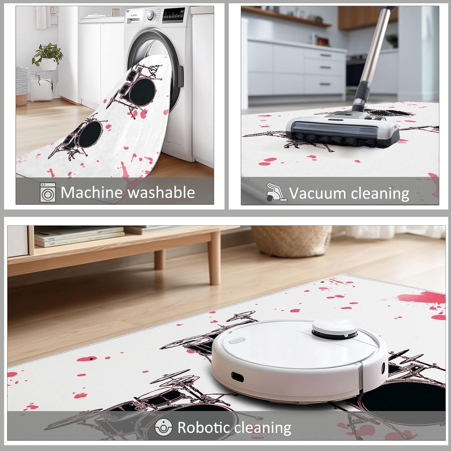 White Machine Washable Area Rug, Musical Instrument Drum Pattern Soft Area Rug - Non Slip Stain Resistant Low Pile Carpet with Non Slip Backing 5 x 6 ft for Living Room Bedroom Playroom