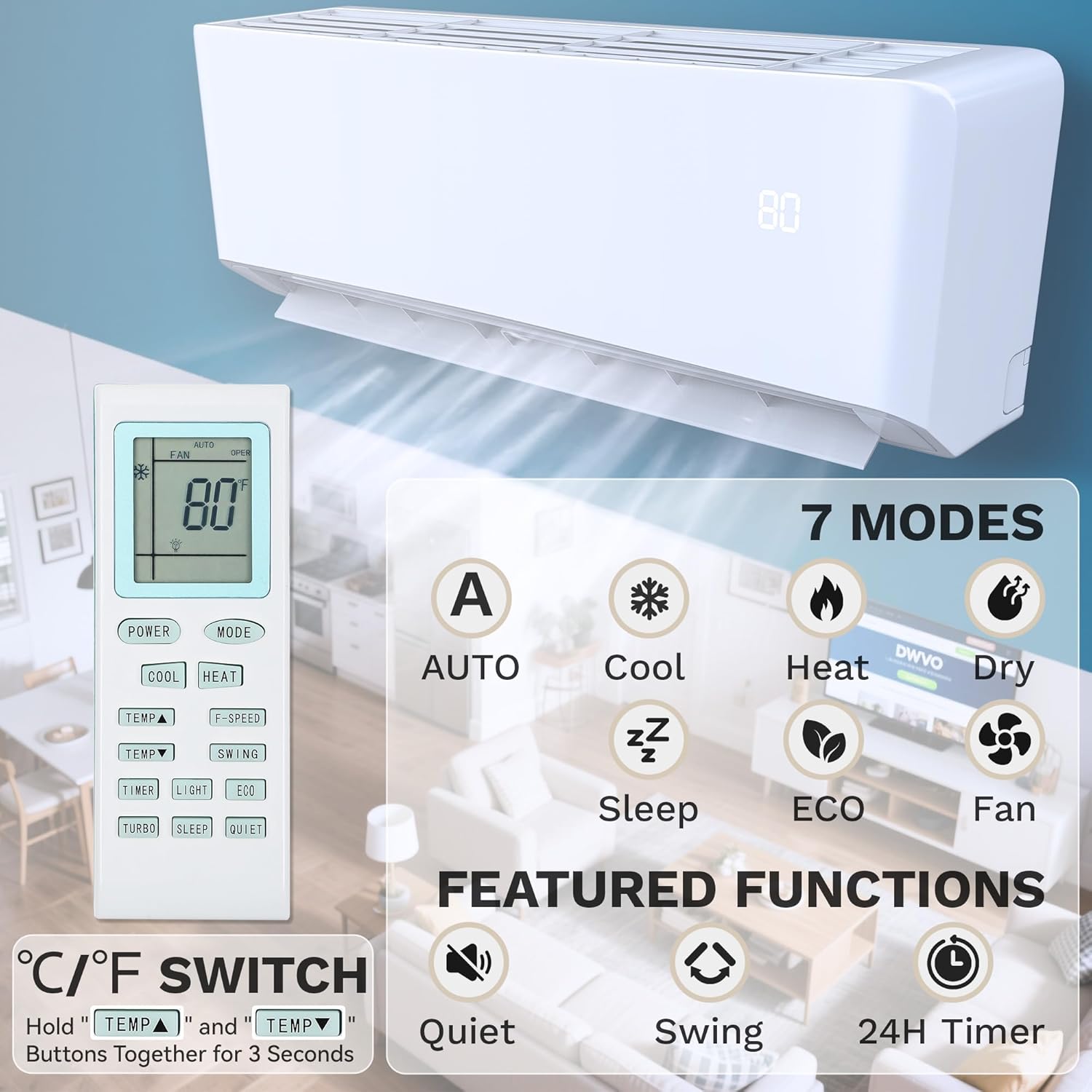 DWVO 22 SEER2 12000 BTU Mini Split Air Conditioner Heat Pump System, 115V Inverter Ductless AC Cool Up to 750 Sq. Ft with Installation Kit, WiFi Enabled, Pre-Charged Condenser, 1 Ton Heat Pump