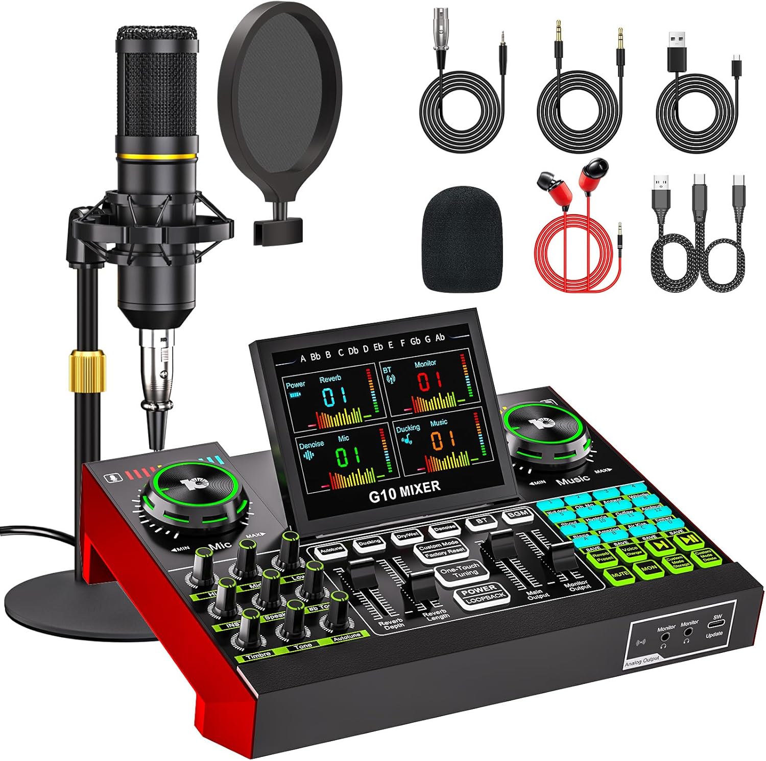 Podcast Microphone Bundle with Live Sound Card Audio Mixer, Podcast Equipment Bundle with 3.5mm Condenser Microphone for Pc/Phone Live Streaming Singing Gaming, Sound Board with Voice Changer, Denoise