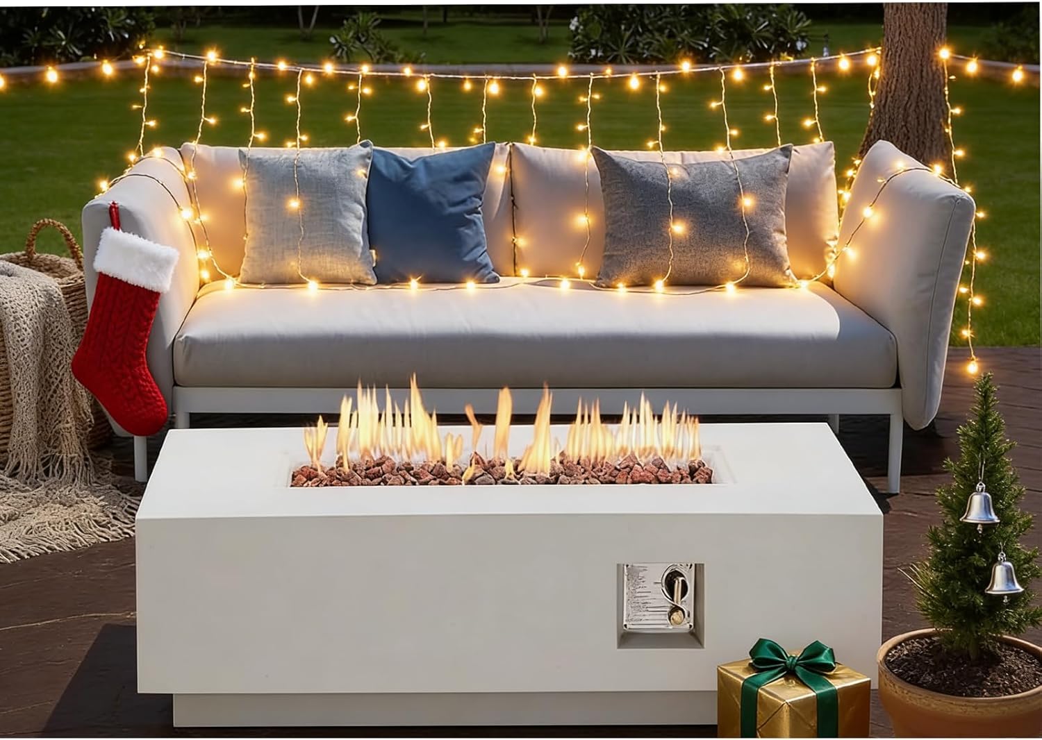 ECOTOUGE 56'' Gas Fire Pit, Outdoor Propane Firepit, Auto-Ignition Rectangle Steel Fire Table, 50,000 BTU Concrete fire Pit w/Weather-Resistant Pit Cover, Lava Rocks,no Tank Holde, White