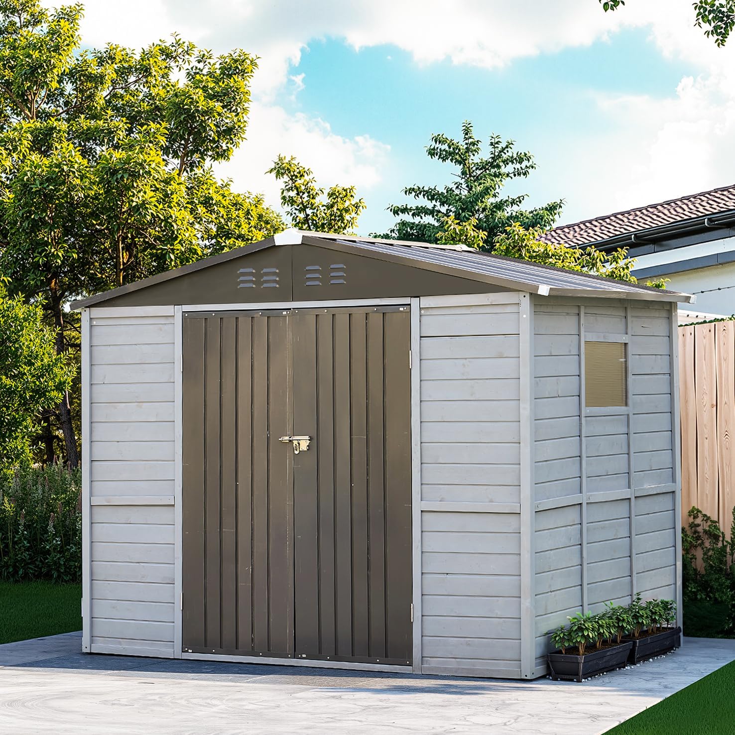 8x6 FT Outdoor Storage Shed, Wood Steel Utility Tool Shed Storage House with Door & Lock, Wooden Sheds Outdoor Storage for Garden Patio Lawn Poolside (Gray)