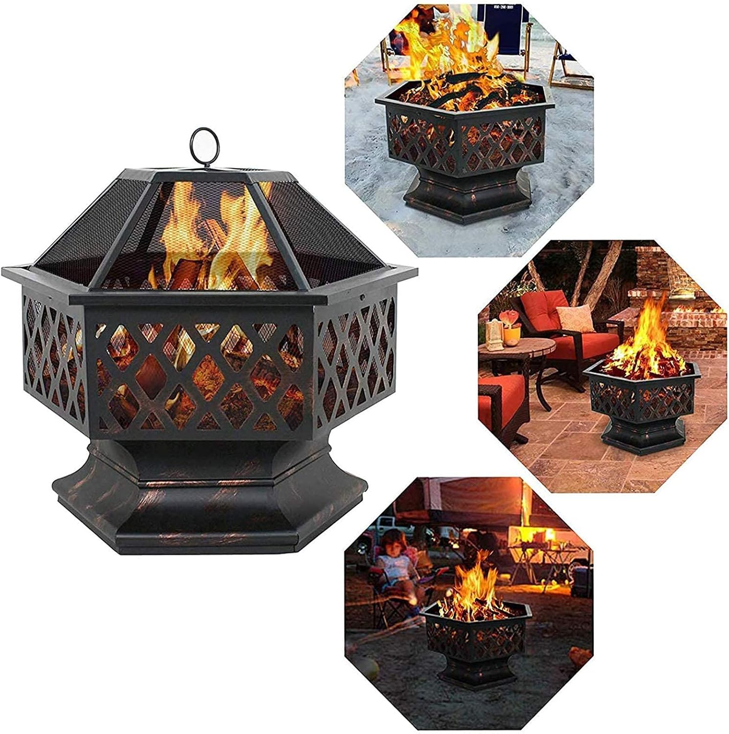 Steel Hexagonal Fire Pit, Fire Bowl for Garden and Patio, Outdoor Garden Fire Pit with Mesh Cover