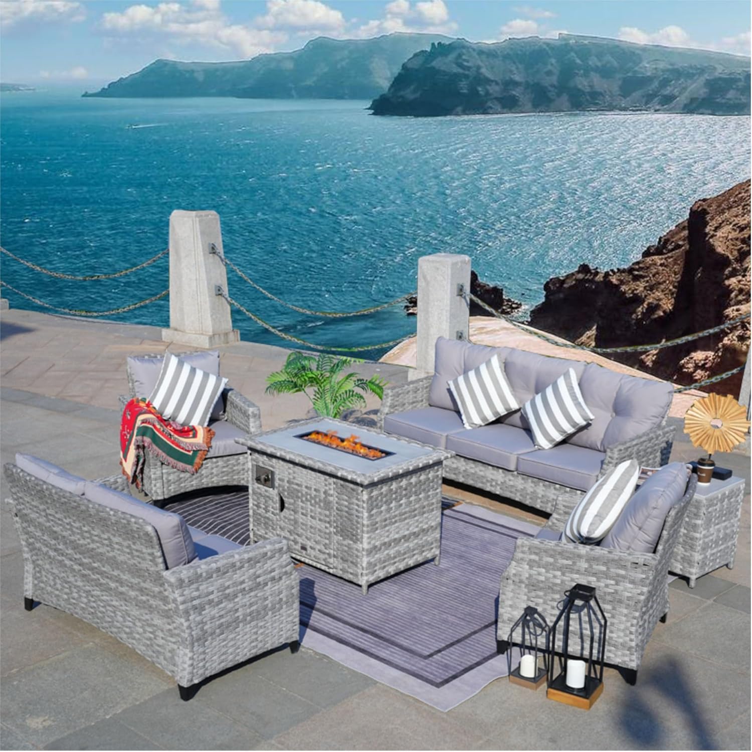 Direct Wicker Aluminum 7-Person Gray Seating Group with Fire Pit and Cushions