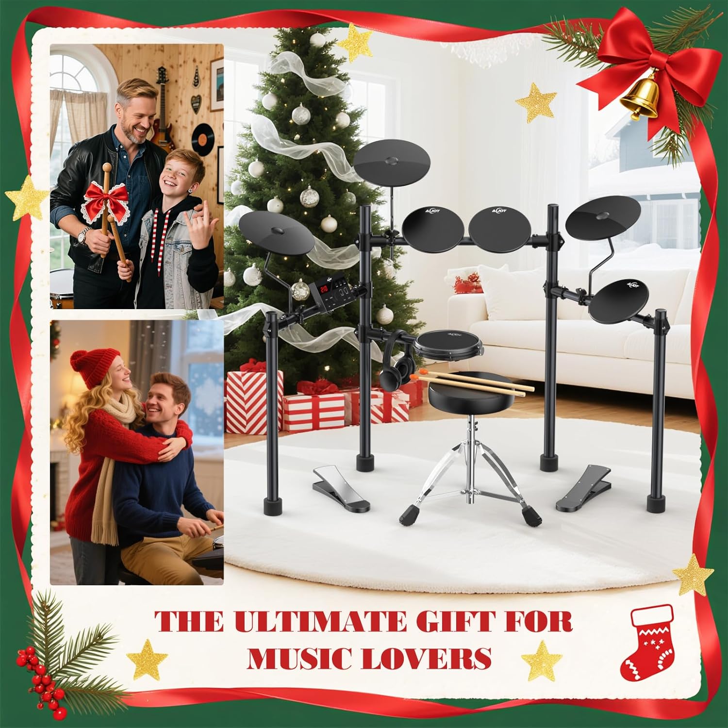 AiJoy Electric Drum Set for Beginners with 210 Sounds, 4 Quiet Drum Pads, 10'' Cymbals, Electronic Drum Kit with Headphones, 2 Pedals, Throne, Sticks, Gifts for Kids Adults (ADD15)