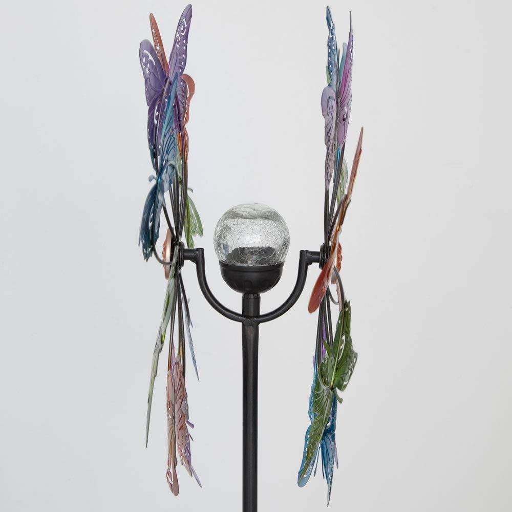 Bits and Pieces - LED Butterfly Solar Wind Spinner-Solar Powered Glass Ball Emits Color-Changing Light - Made of Metal and Steel