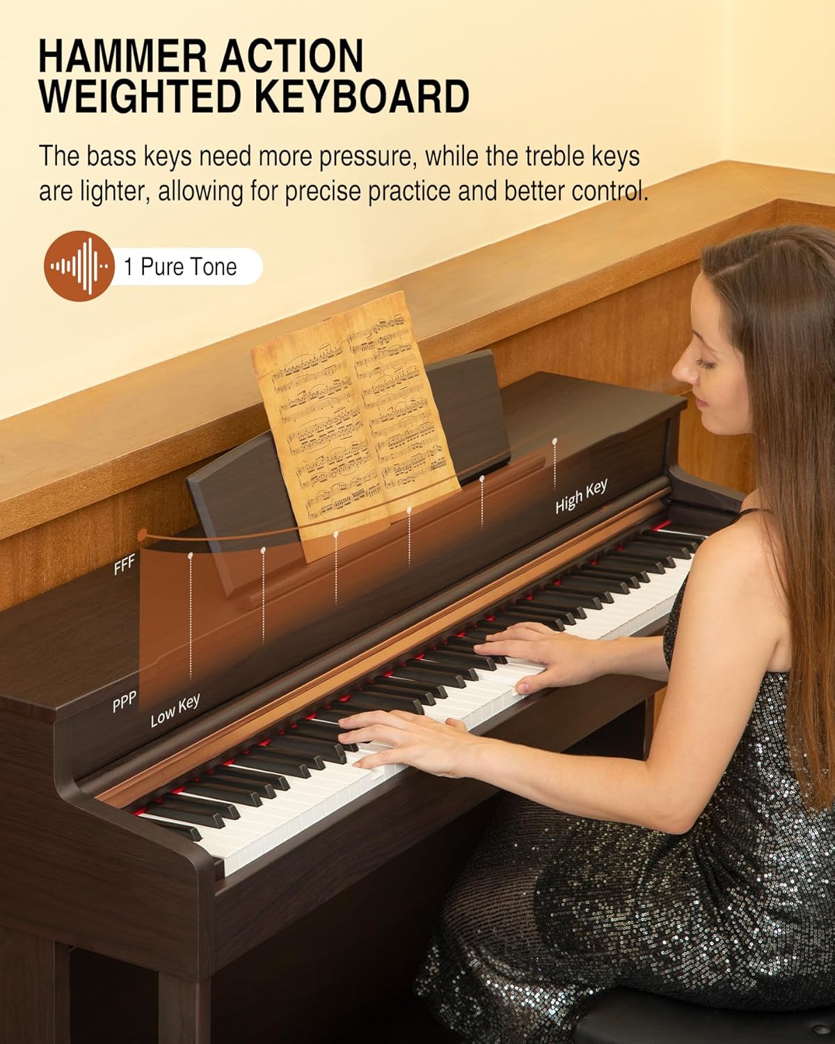 UMP-200 88 Key Weighted Action Digital Piano - with Furniture Cabinet Stand, Power Adapter，Triple Pedals，MP3 Function - Rosewood Vintage Style for Home Decoration