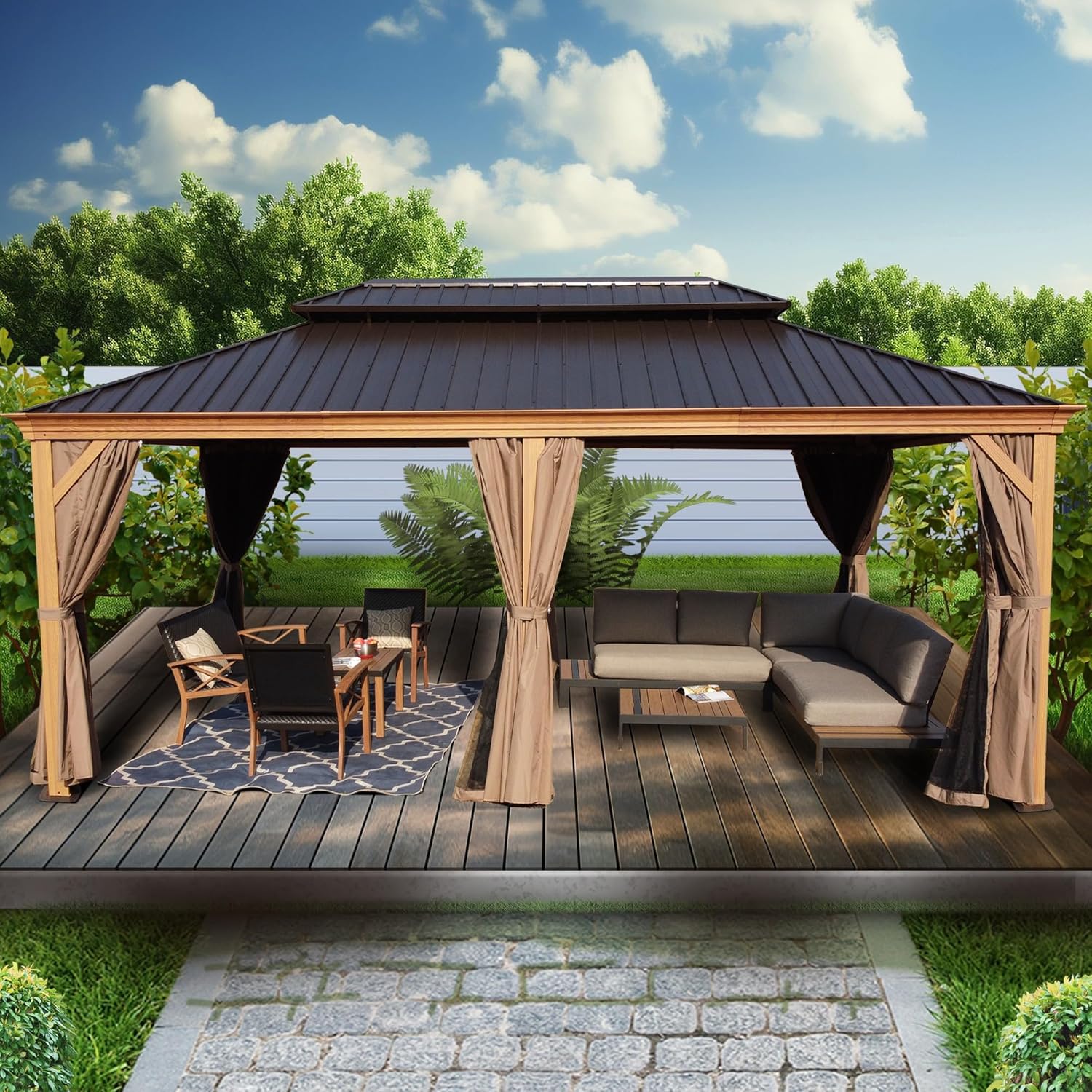 Kozyard Apollo 12’x20’ Hardtop Gazebo, Wooden Coated Aluminum Frame Canopy with Galvanized Steel Double Roof, Outdoor Permanent Metal Pavilion with Netting for Patio, Deck and Lawn (12ft x 20ft)