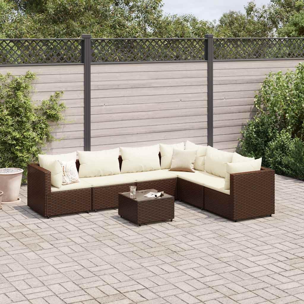 Patio Set 7 Piece Patio Lounge Set with Cushions Brown Poly Rattan