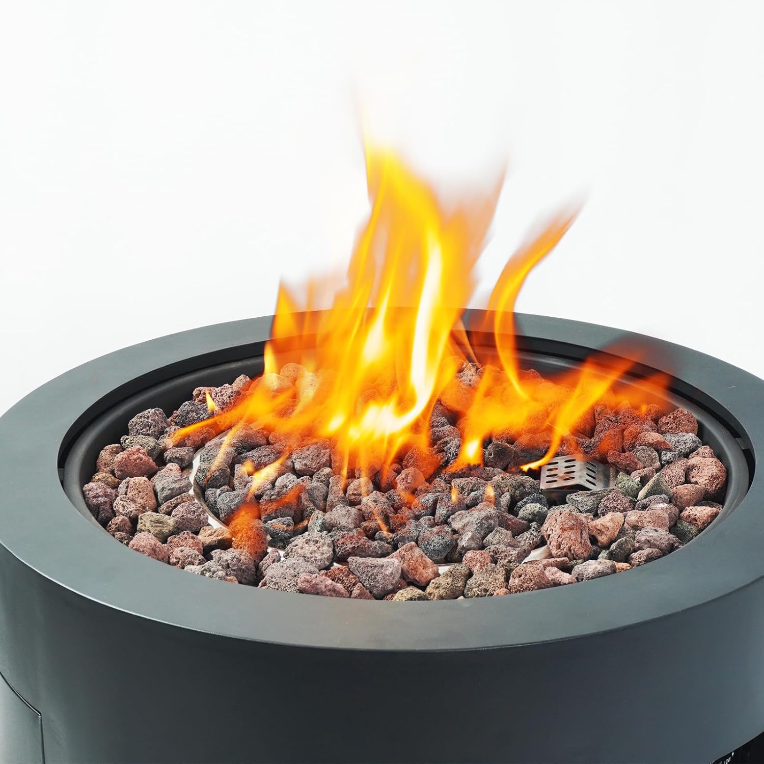 Outdoors 23 inch Steel Gas Fire Pit, Outside Propane Fire Column, Round Fireplace with Lava rocs and PVC Cover for Backyard, Garden and Terrace,Black