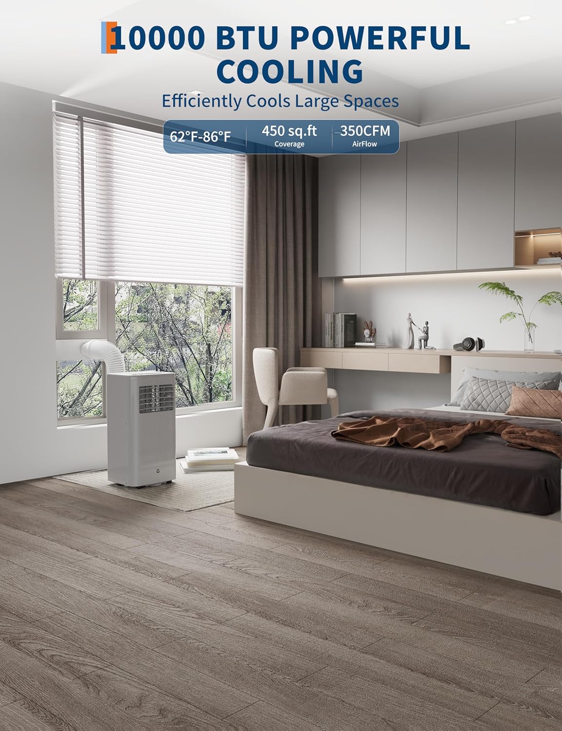 10000 BTU Portable Air Conditioner, Quiet 3 in-1 Cooling Unit for Rooms Up to 450 Sq.Ft, Includes Dehumidifier & Fan Modes, Remote Control, Sleep Mode – Perfect for Bedrooms & Apartments