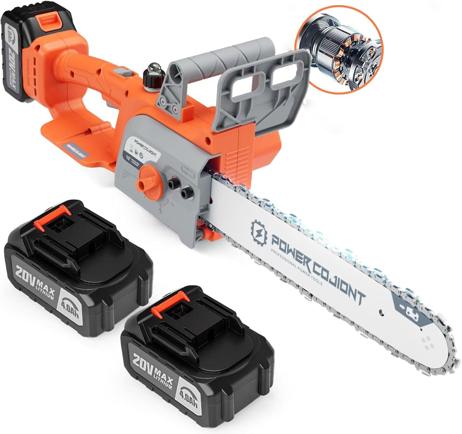 Cordless 12 Inch Chainsaw Brushless for 20V Batteries Powered 2 × 4.0Ah Electric Chainsaw 1100W Ideal for Wood Cutting, Free Assemble 45 Ft/s High-Efficiency (Orange)