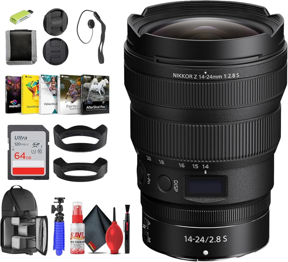 Nikon NIKKOR Z 14-24mm f/2.8 S Lens for Z Series Mirrorless Cameras (20097) + 64GB Memory Card + Filter Kit + Card Reader + Photo Software + Flex Tripod + More (Renewed)