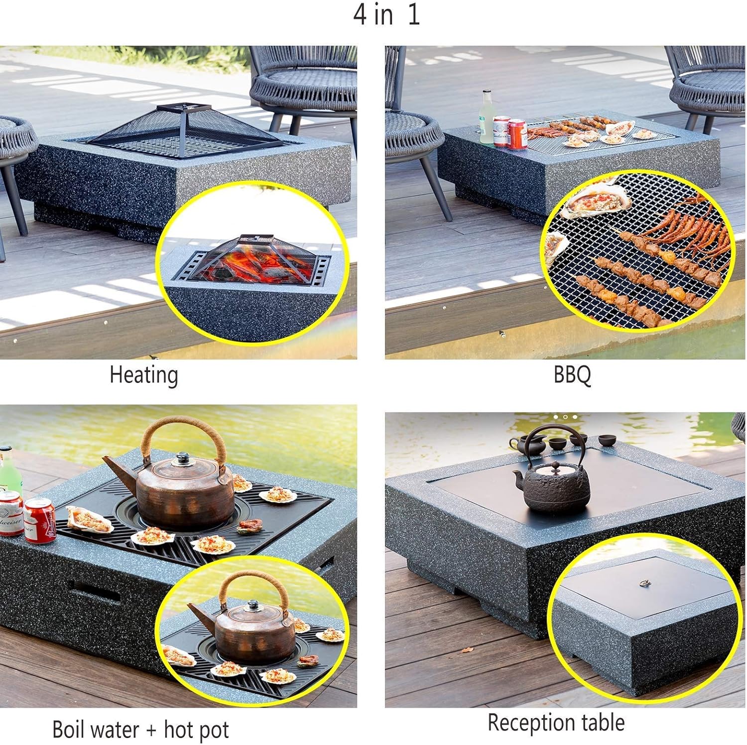Fire Pits Bowls,for Garden BBQ Large Wood Burning with Grill and Lidtable Stone Table Cast Iron Outdoor Firepit for Log Burning 3 in 1