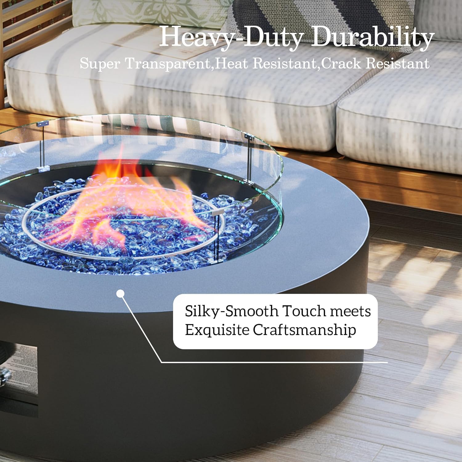 Patio Watcher 42 Inch Outdoor Propane Fire Pit Table, 50000 BTU Round Iron Gas Firepit w/Tank Table, Wind Guard, Rain Cover, Glass Rocks, Patio Fire Table for Garden Backyard, Dark Gray
