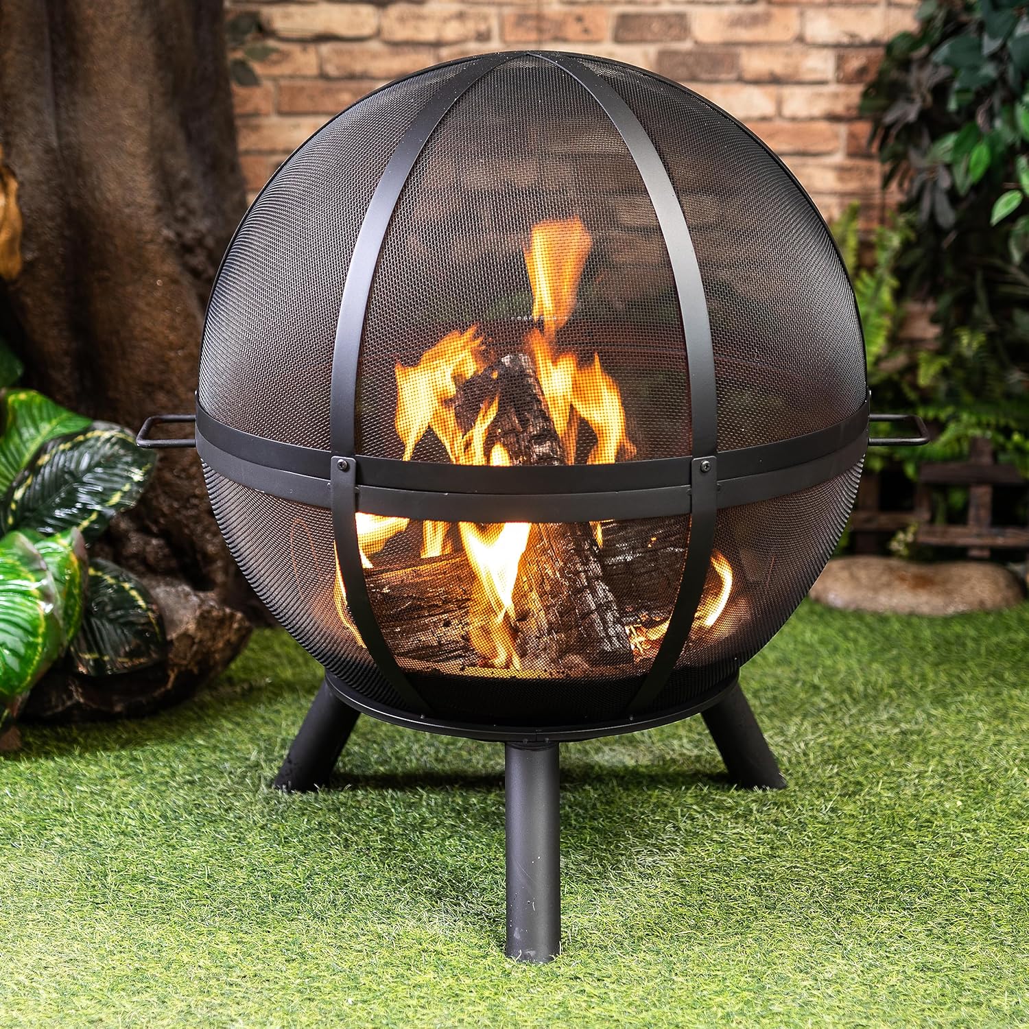 38 Inch Outdoor Sphere Globe Fire Pit - Durable Steel Woodburning Firepits for Outside - Portable for Backyard, Camping, BBQ - Patio Fire Pit with Safety Screen and Poke