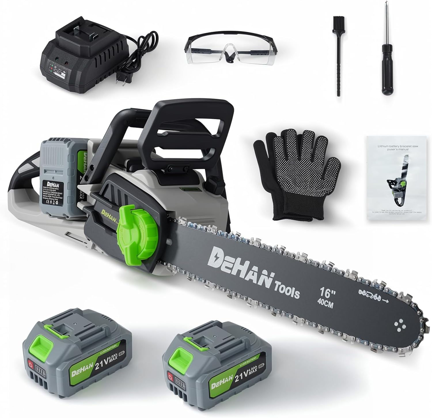 16 Inch Brushless Electric Chainsaw with 2 x 4.0Ah 21V Battery, Tool-Free Chain Tensioning, Instant Chain Brake & Transparent Oil Tank – Tools for Tree Trimming & Wood Cutting