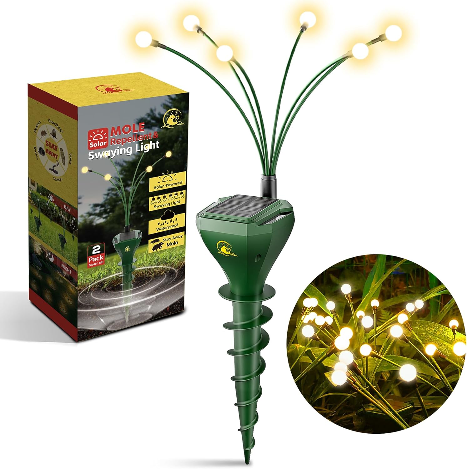 8 Pack Mole Repellent for Lawns Solar Powered Gopher Repeller Stakes for Outdoor with Swaying Light, Get Rid of Snake Vole Groundhog Vole Chipmunk Without Killer Trap, Waterproof Pet Safe