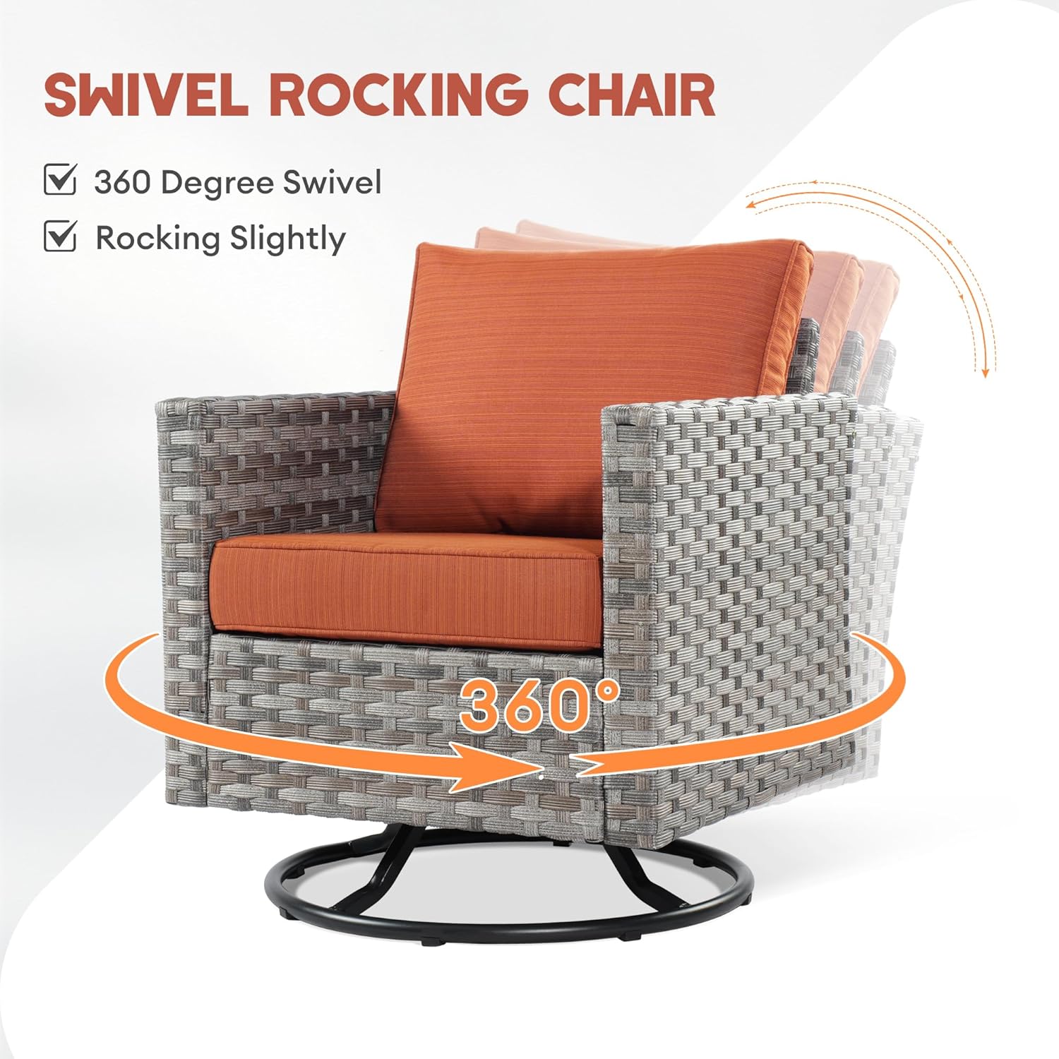 8 Pieces Patio Sectional Conversation Sofa Set, Wicker Outdoor Furniture Set with Swivel Rocker Chair and Square Fire Pit Table (Orange Red)