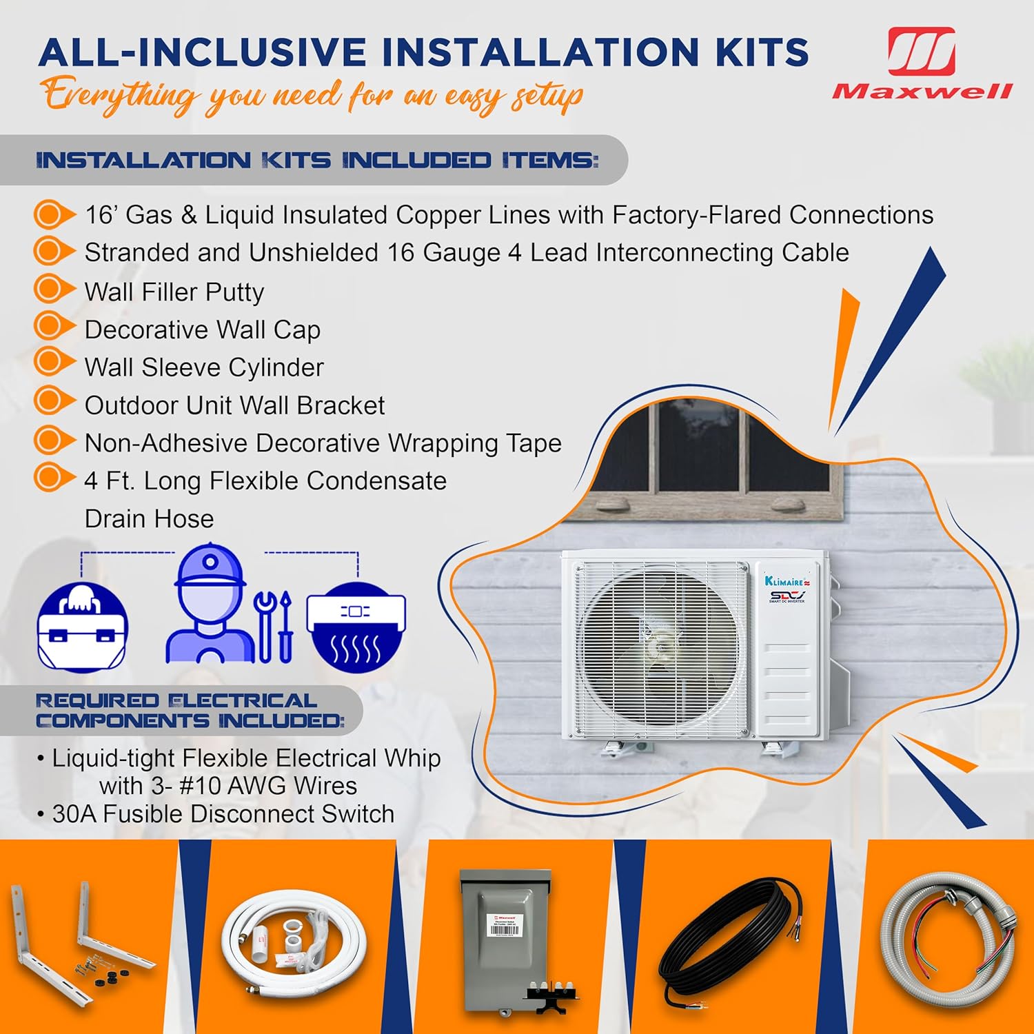 Klimaire 12,000 BTU 23 SEER2 Wall Mounted Ductless Mini Split Inverter A/C Heat Pump System w/ 16’ Installation Kit & Wall Mounting Bracket 230V