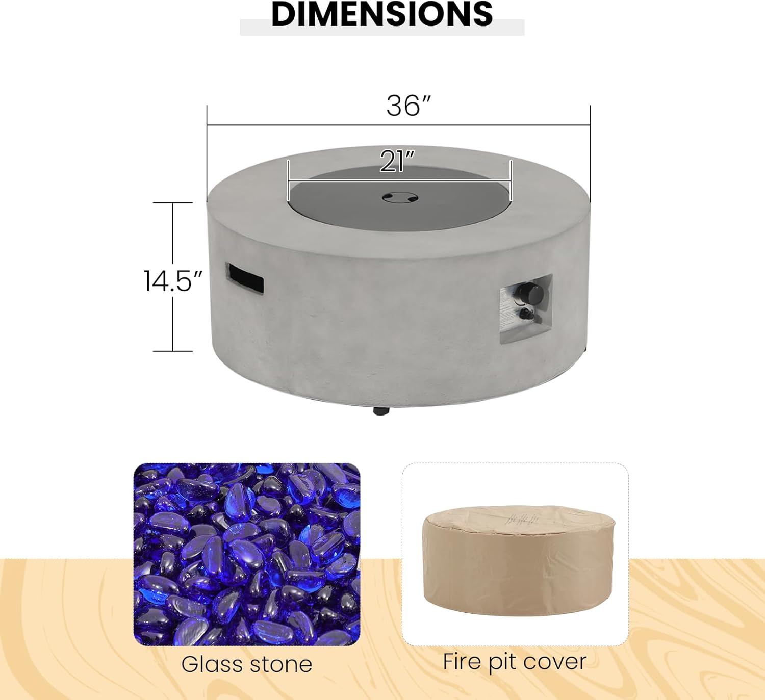 SUNSITT Outdoor 36’’ Propane Fire Pit Table 50,000 BTU Round Patio Propane Firepit Table, Pit Cover, Metal Lid & Fire Glass, Grey Finish