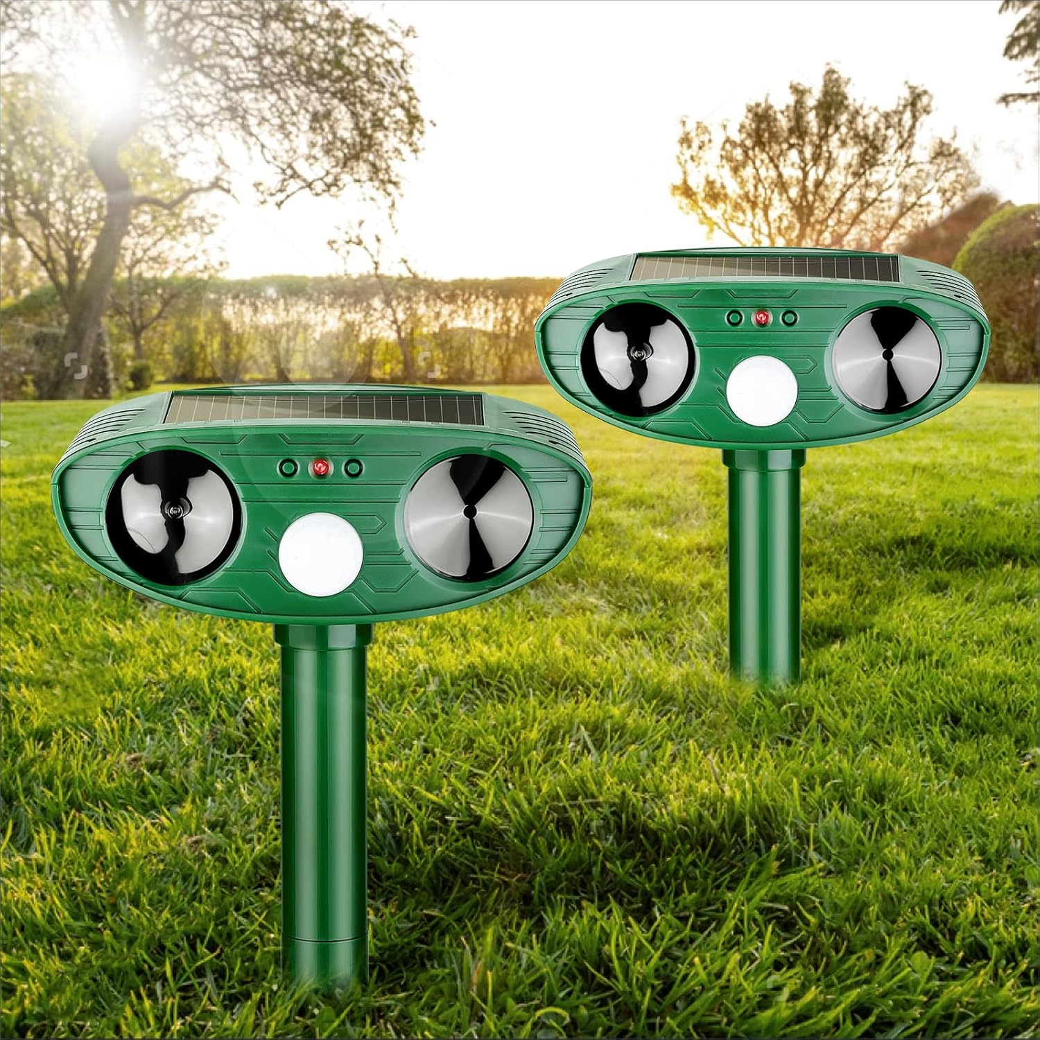 2 Pack Solar Animal Repeller Ultrasonic Animal Repellent Outdoor with Motion Sensor Animal Deterrent Waterproof for Cat Squirrel Deer Raccoon Skunk Rabbit Fox and More