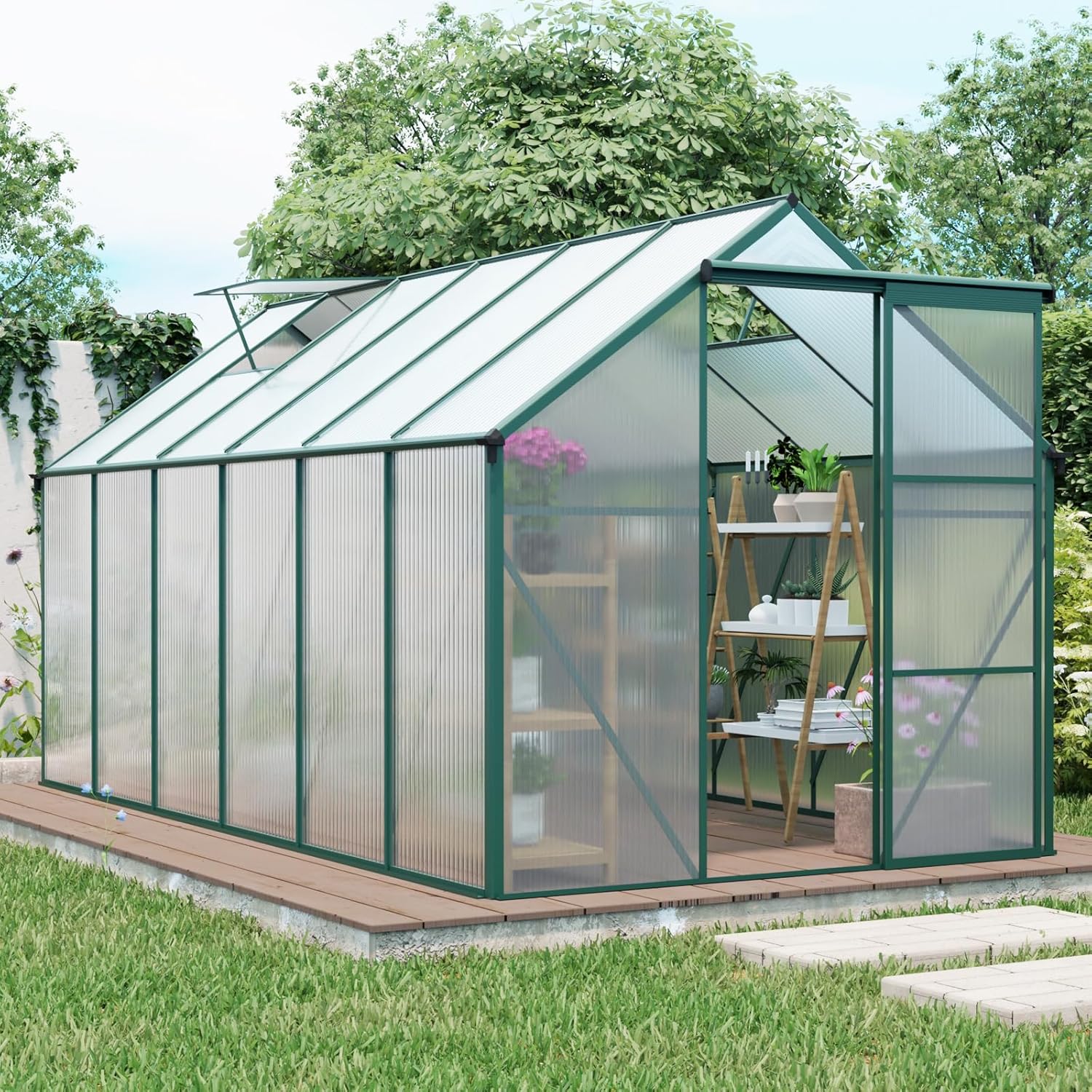 Polycarbonate Greenhouse Large Heavy Duty Green Houses with Sliding Doors Vent Window Outdoor Aluminum Walk-in Greenhouse for Garden Backyard, 6x12ft,Green