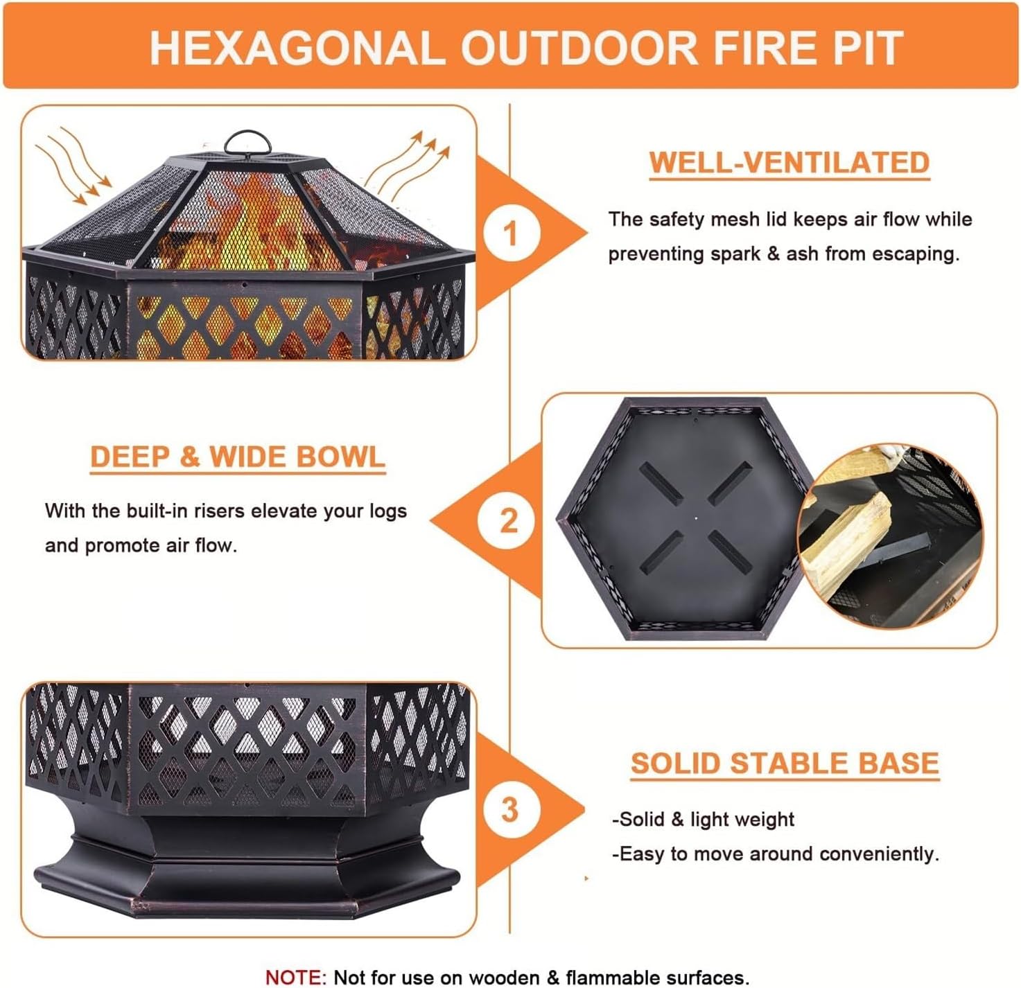 28 Inch Hexagon Wood Burning Fire Pit – Antique Bronze Outdoor Firepit with 360° Flame View for Patio, Backyard, and Camping(33 Inch)