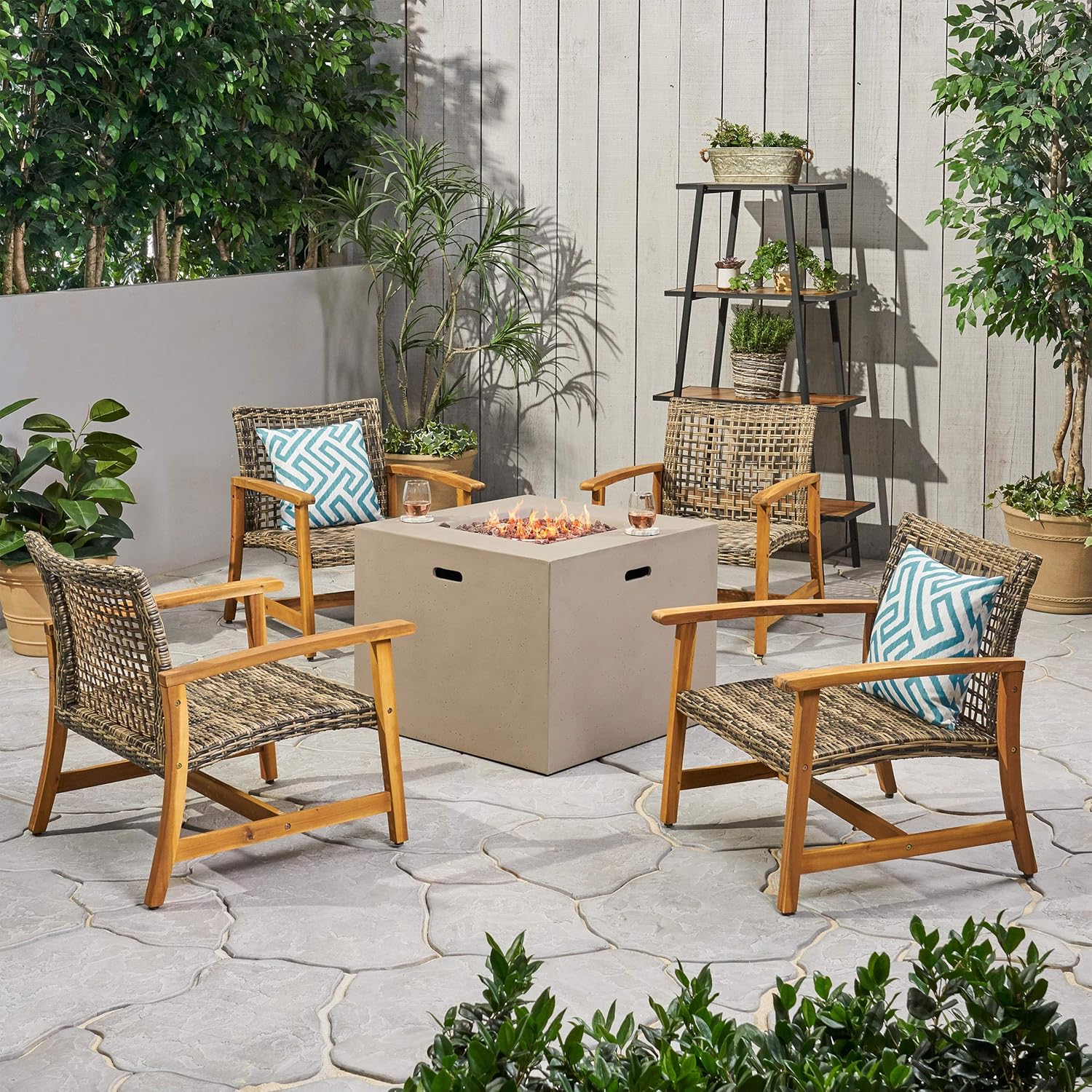 GDFStudio Outdoor 5 Piece Wood and Wicker Club Chairs and Fire Pit Set, Gray and Light Gray