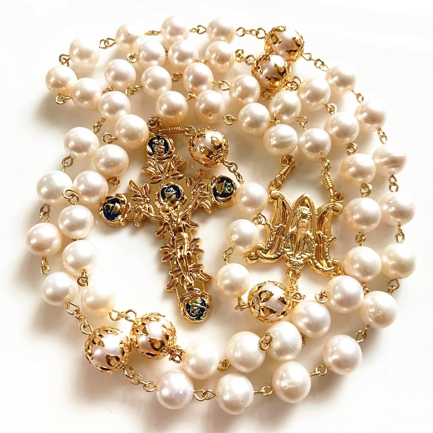 elegantmedical HANDMADE AAA+ 10MM White Real Pearl BEADS ROSE CATHOLIC ROSARY CROSS GIFT NECKLACE Supper BOX case