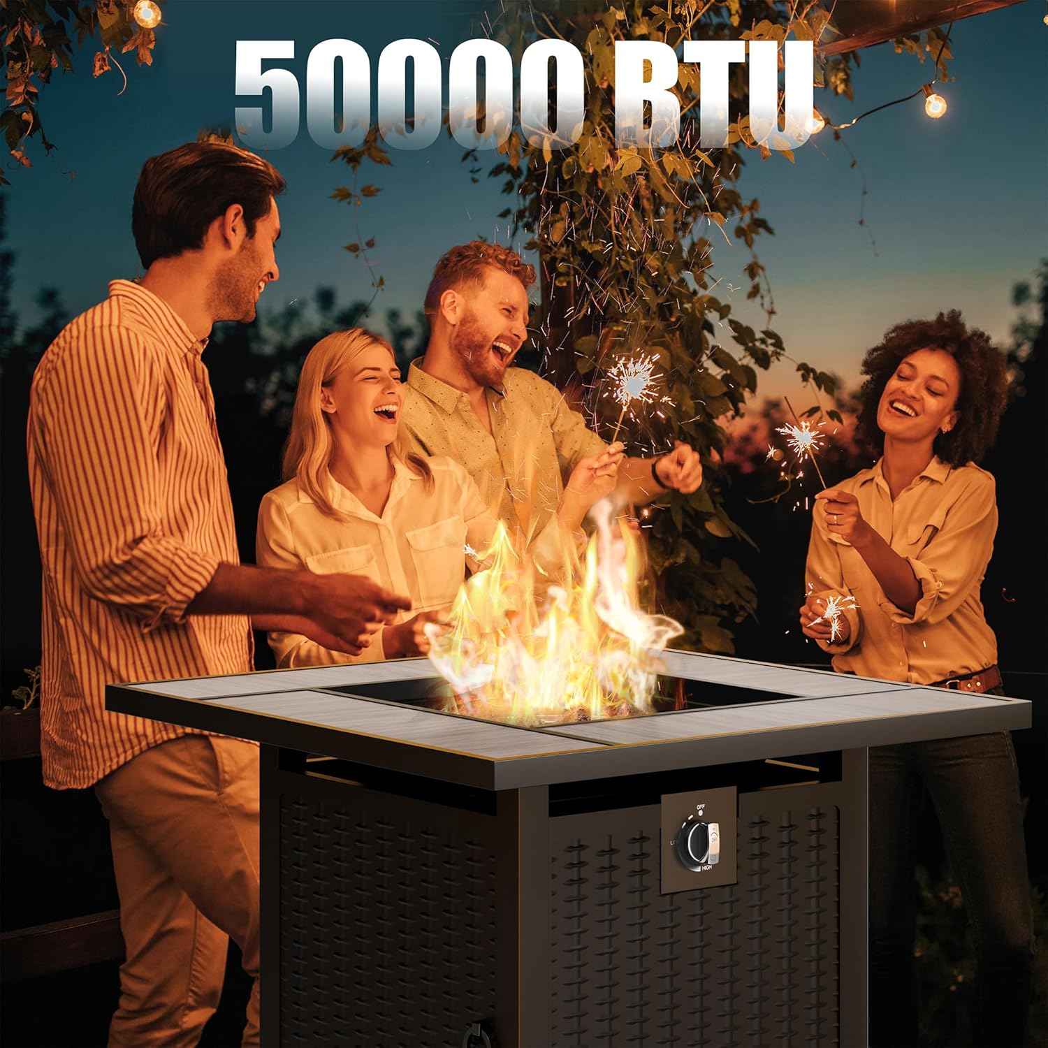 Vongrasig 30 Inch Propane Fire Table, 50,000 BTU Outdoor Gas Fire Pit Table, Square Tabletop with Lid,Lava Rock,Rain Cover for Outside Paito,Garden,Backyard (Grey Top)