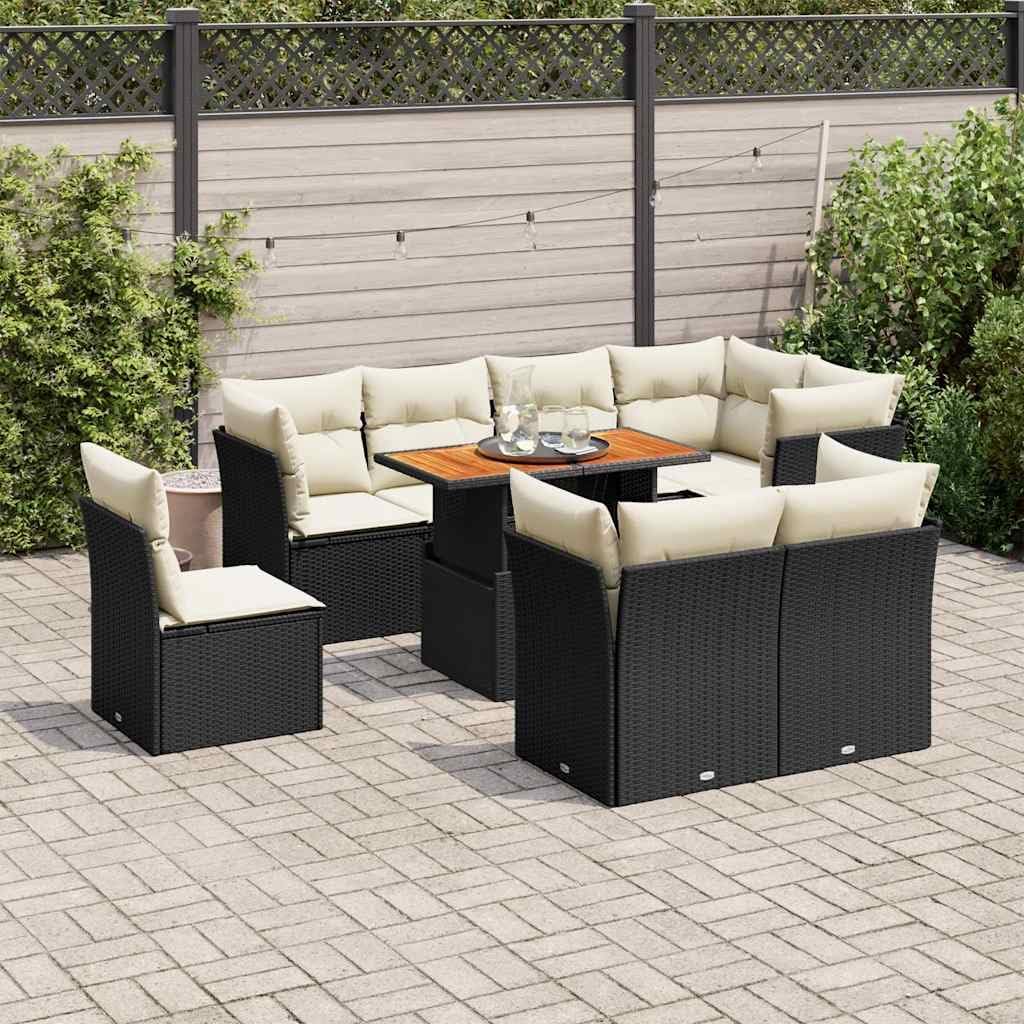 9 Piece Garden Sofa Set Black, Synthetic Poly Rattan, Acacia Wood, Outdoor Table and Chairs, Patio Furniture Set for Balcony, Large Seating for 9 People