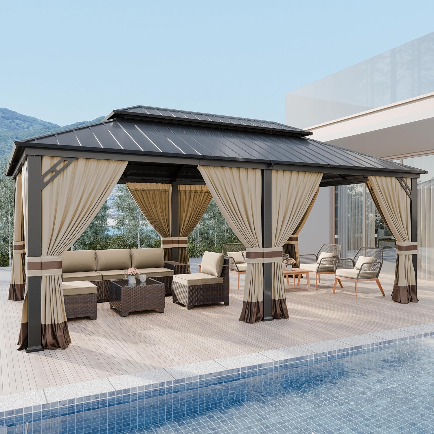 Kurapika 12' x 20' Hardtop Outdoor Metal Gazebo with Galvanized Steel Double Roof Canopy, Netting and Curtain, Aluminum Permanent Pavilion Gazebo, Sand