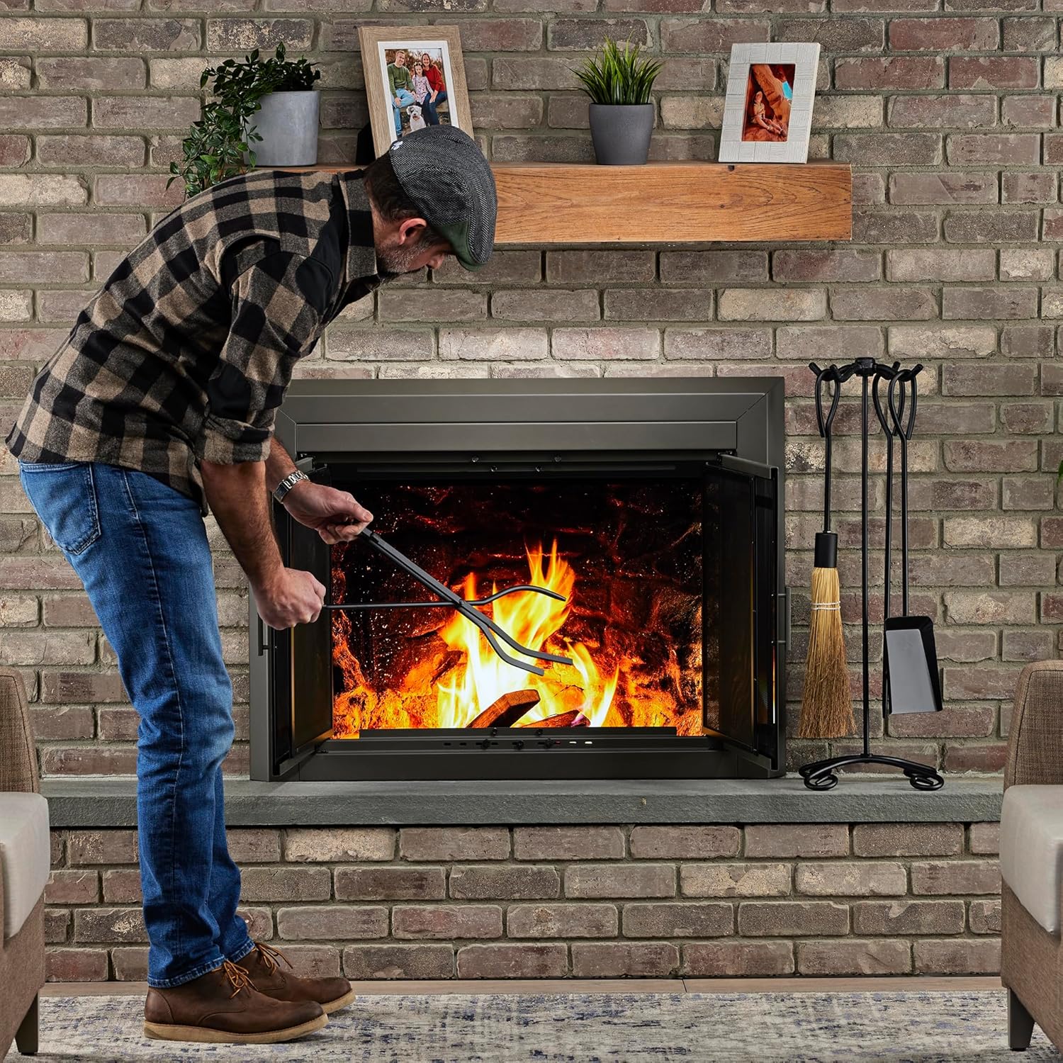 UniFlame 5-Piece Black Wrought Iron Fireplace Tools Set with Ring Handles (F-1187B)