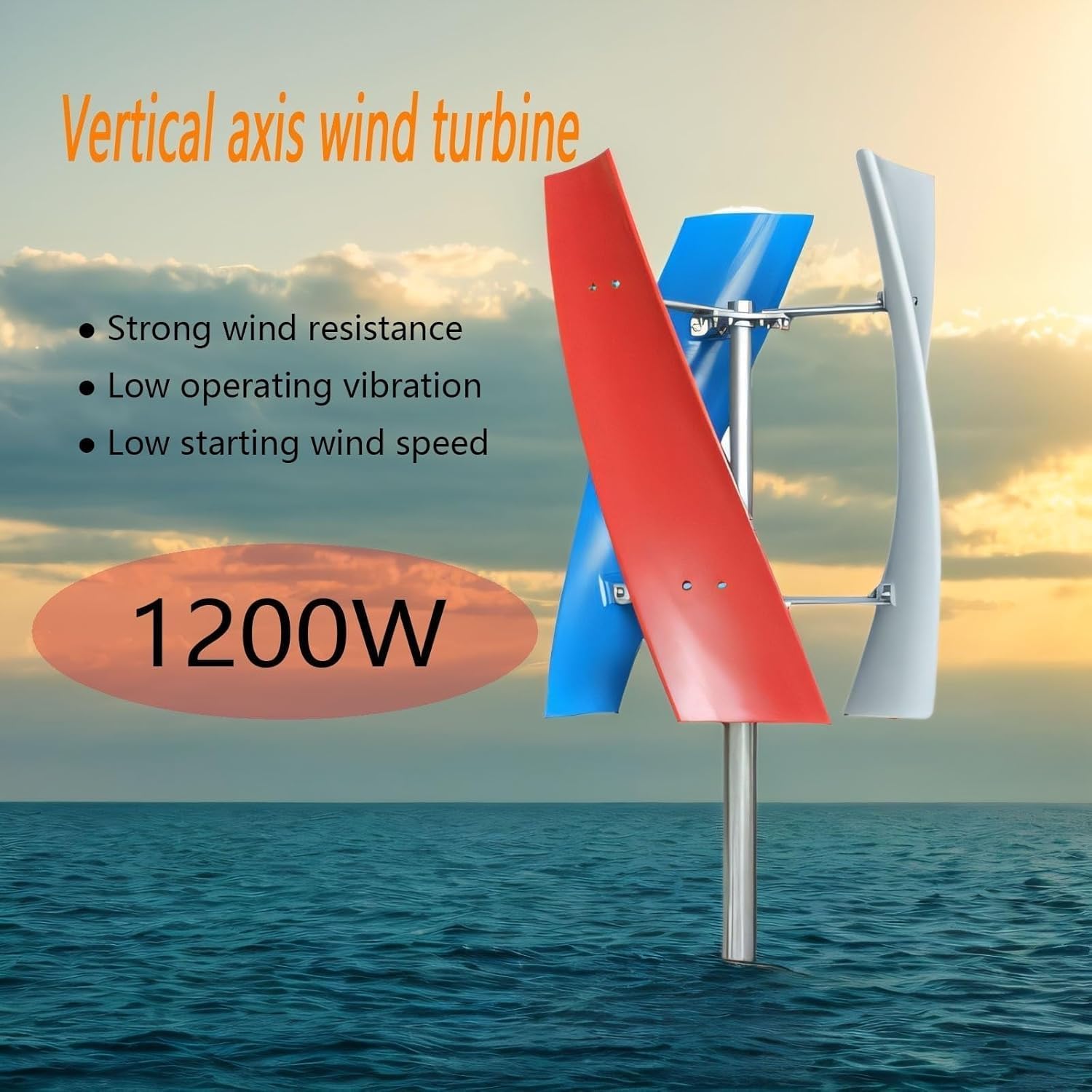 CAJUCA 24V, 1200W Wind Turbine Generator Kit Vertical Axis Wind Turbine Generator Kit with Controller and 2 * 100Wsolar Panels Wind and Solar Complementary