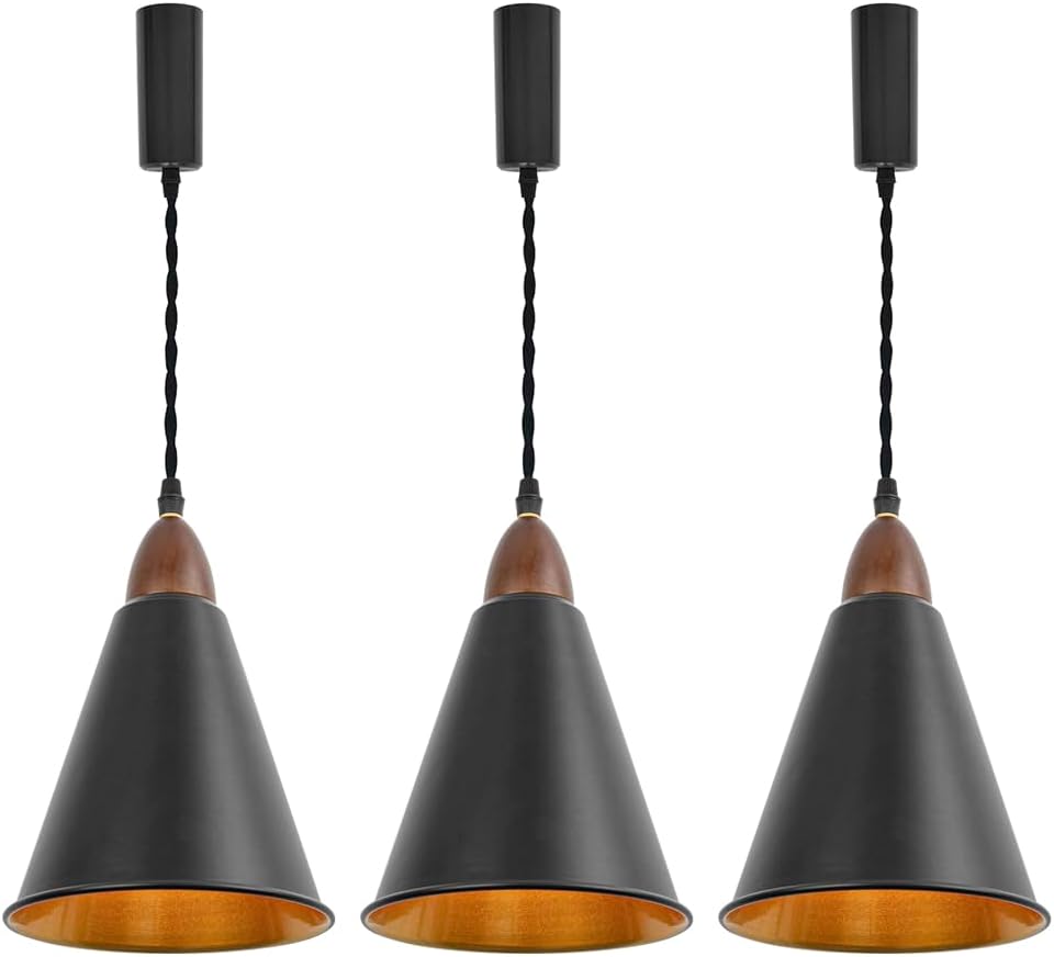 H-Type Track Lamp E26 Walnut Base Black Outer Gold Inner Cone Shade 3.2 Ft Adjusted Cord Vintage Track Pendant Light for Home Kitchen Farmhouse Set Three(No Bulb, Track)