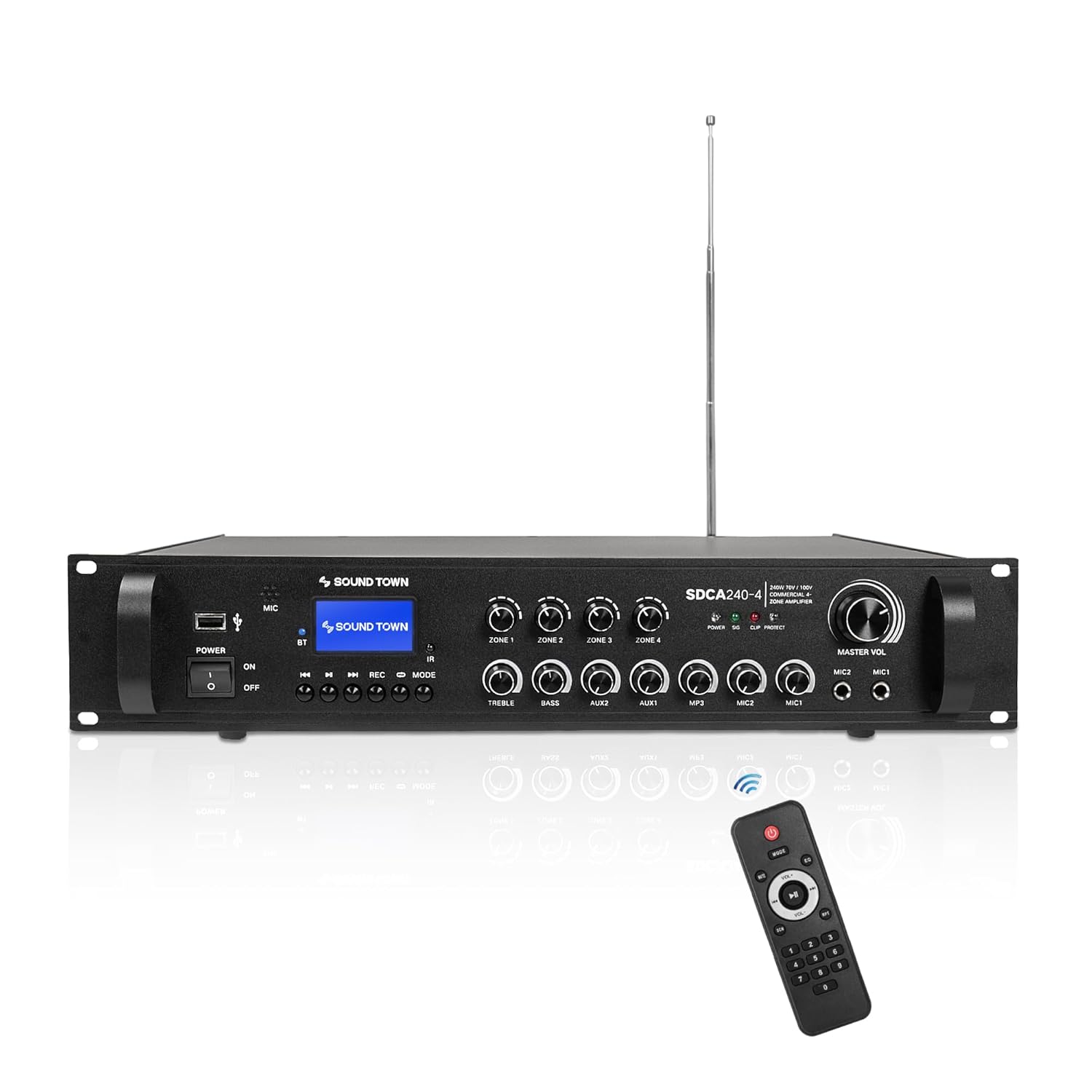 Sound Town 240W Class-D 4-Zone 70V/100V Compact Commercial Power Amplifier with Bluetooth, Aluminum, for Restaurants, Lounges, Bars, Pubs, Schools and Warehouse (SDCA240-4)