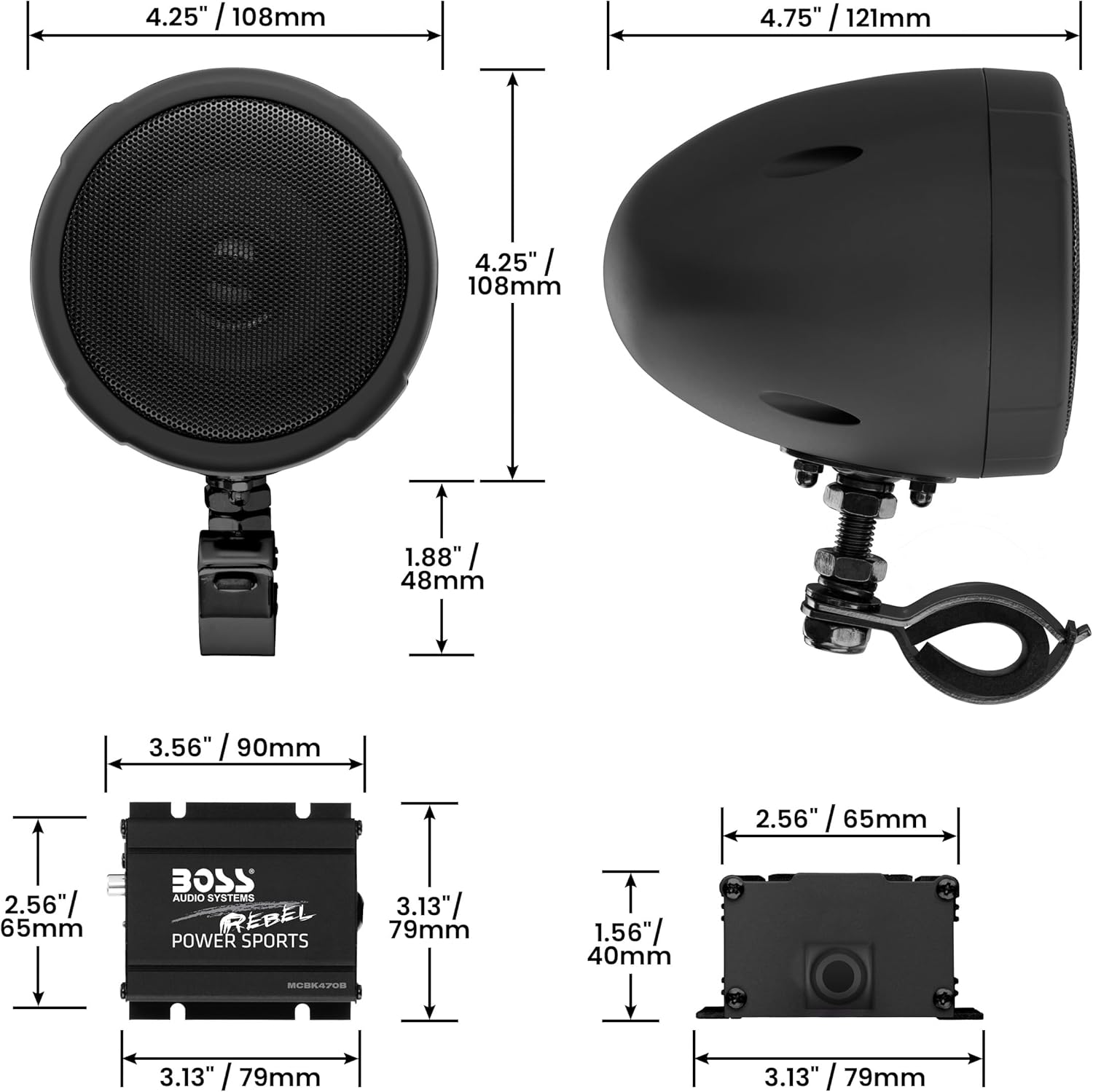 BOSS Audio Systems MCBK470B Motorcycle Bluetooth Speaker System - Class D Compact Amplifier, 3 Inch Weatherproof Speakers, Volume Control, Great for Use With ATVs and 12 Volt Vehicles