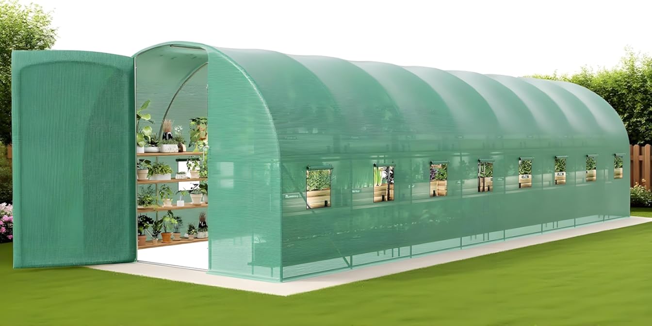 Green House, 28x10x7.5 Ft Walk-in Tunnel Green House, with Swing Door & Vent Windows, Portable Garden House for Outdoor Winter Planting & Growing