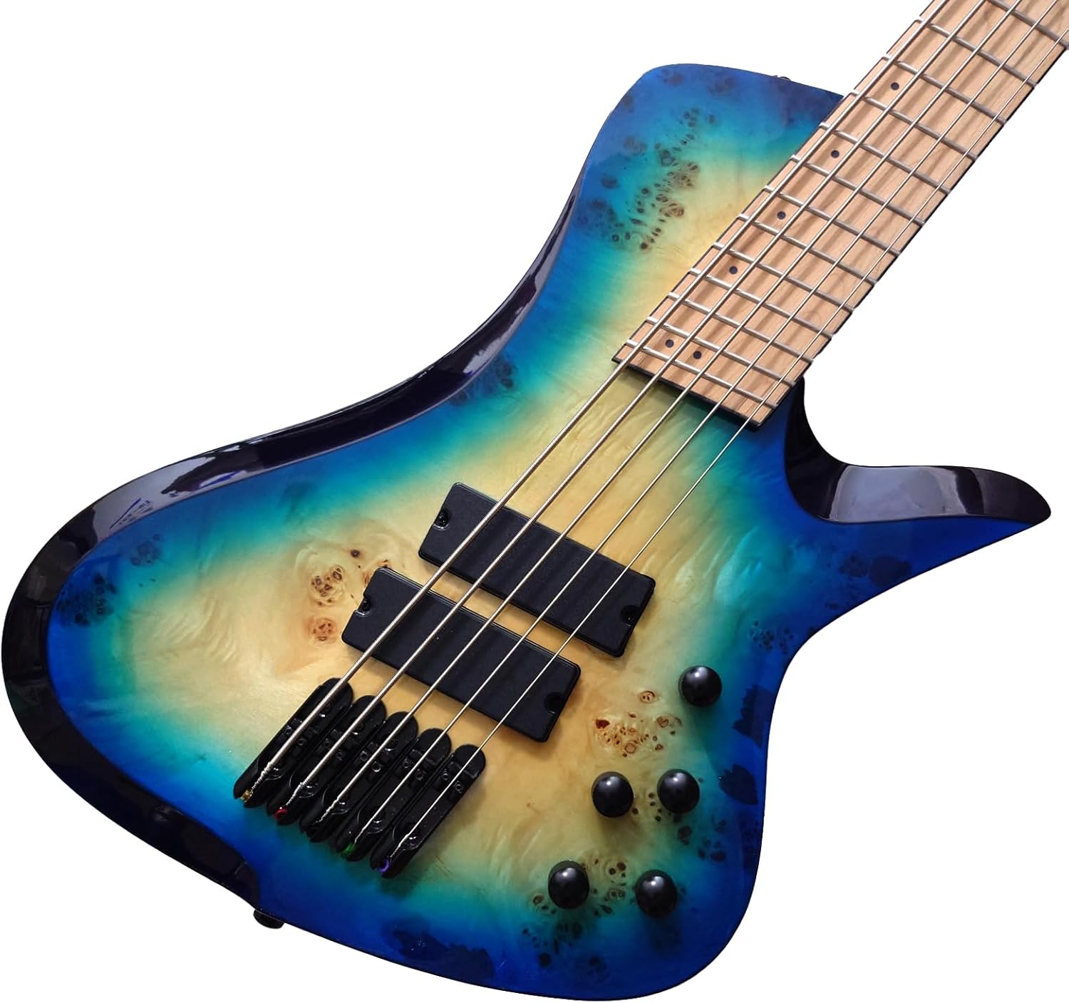 Fanned Fret 5 string Electric Bass Guitar Blue Burl Burst Quilt Maple Top Roasted Maple Neck