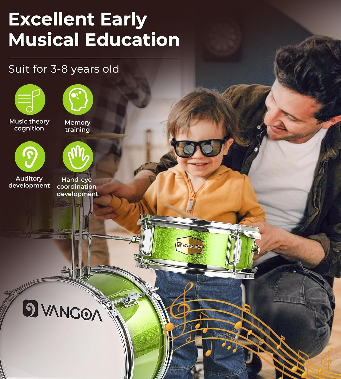 Kids Drum Set, 14 Inch Beginner Drum Kits, 3 Piece Drum Set for Kids Boys Girls Age 3-7, with Adjustable Throne, Cymbal Pedal, Drumsticks, Bright Green