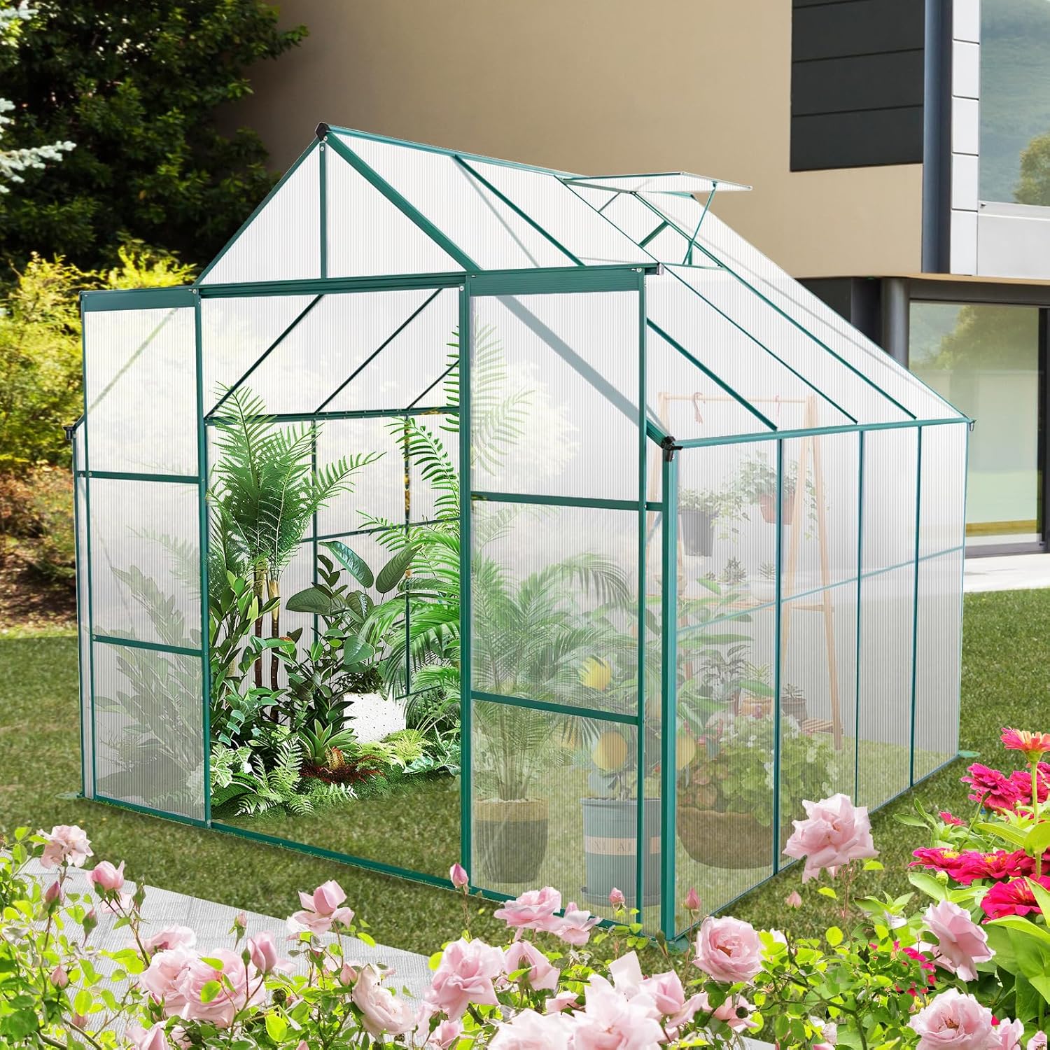 8x8 FT Double Door Green House, Walk-in Greenhouse with Heavy Duty Aluminum Frame, Polycarbonate Panels, and Adjustable Roof for Plants - Garden Greenhouse