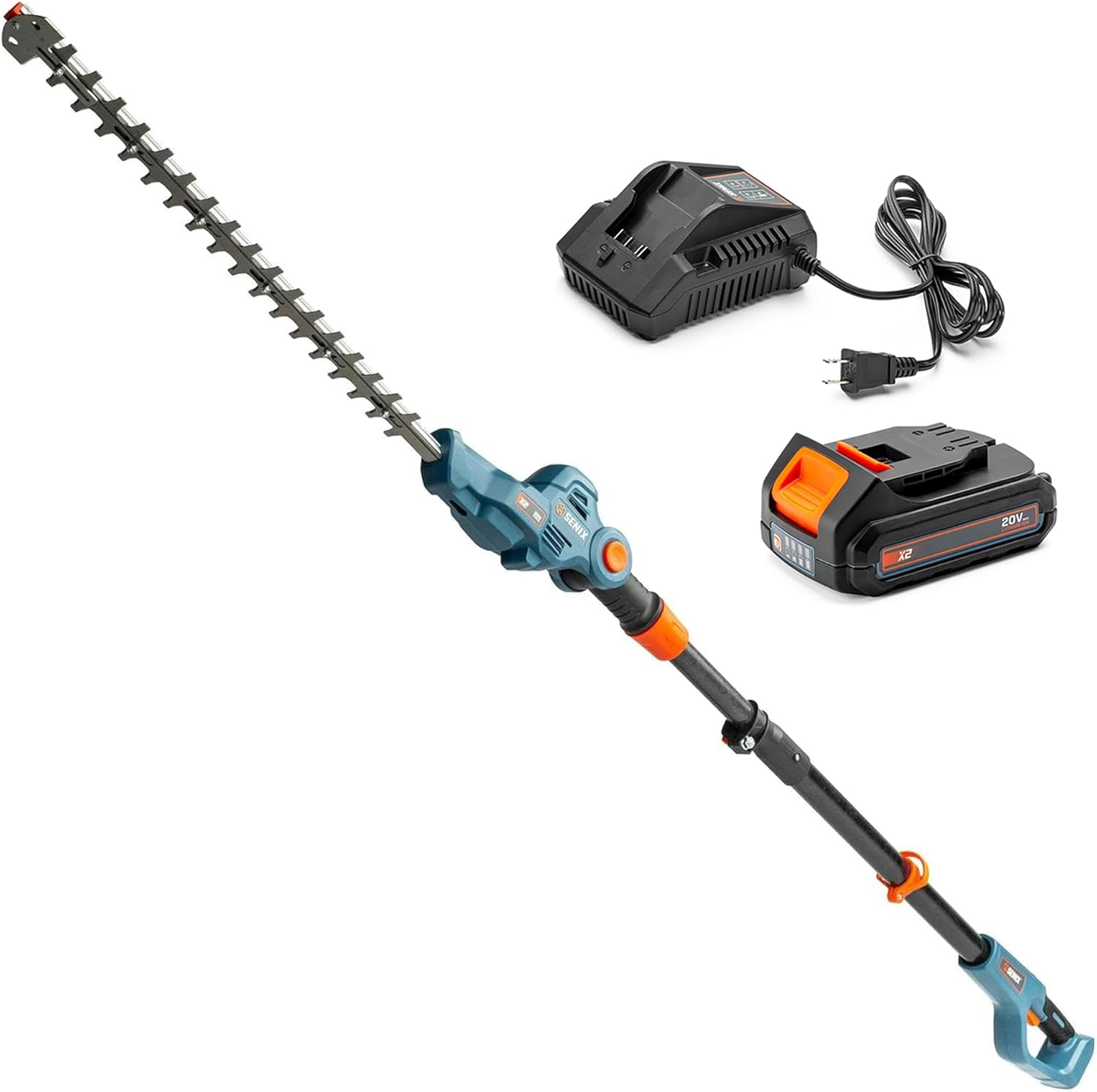 SENIX X2 20 Volt Max 18-Inch Battery Powered Cordless Pole Hedge Trimmer with 6-Point Adjustable Head & 7.7-Ft Telescoping Shaft,Includes Blade Cover & Shoulder Strap,Battery Included(HTPX2-M)