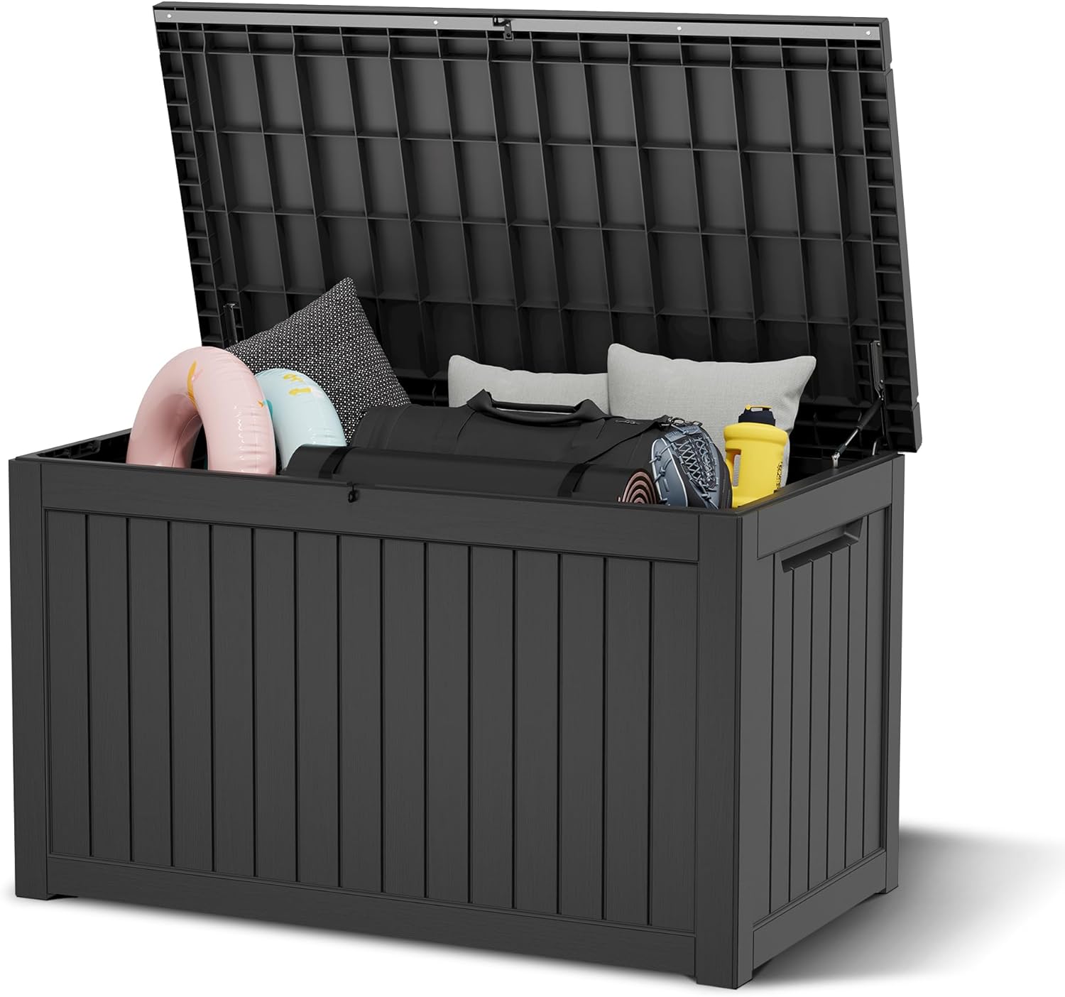 NUNU LAB 230 Gallon Outdoor Storage Box, Large Resin Deck Box with Lockable Lid, Waterproof & UV-Resistant Patio Storage Bin for Garden Tools, Pool Accessories & Furniture, Black