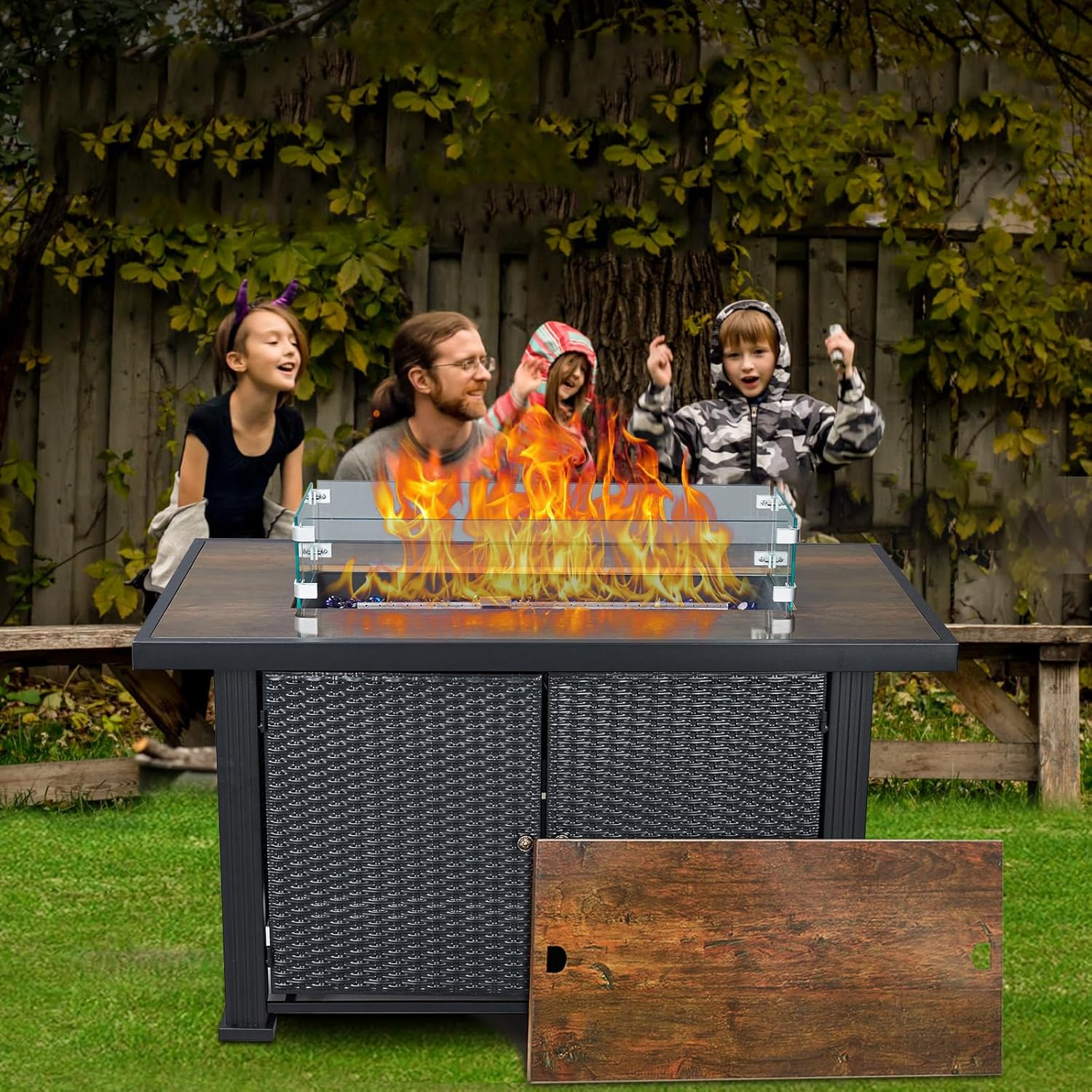 Rectangle Fire Table, 44 Inch Propane Fire Pit Table, 50000BTU, Rattan Panel, Glass Wind Guard, Black Tempered Glass Tabletop, CSA Safety Certified, Companion for Your Garden