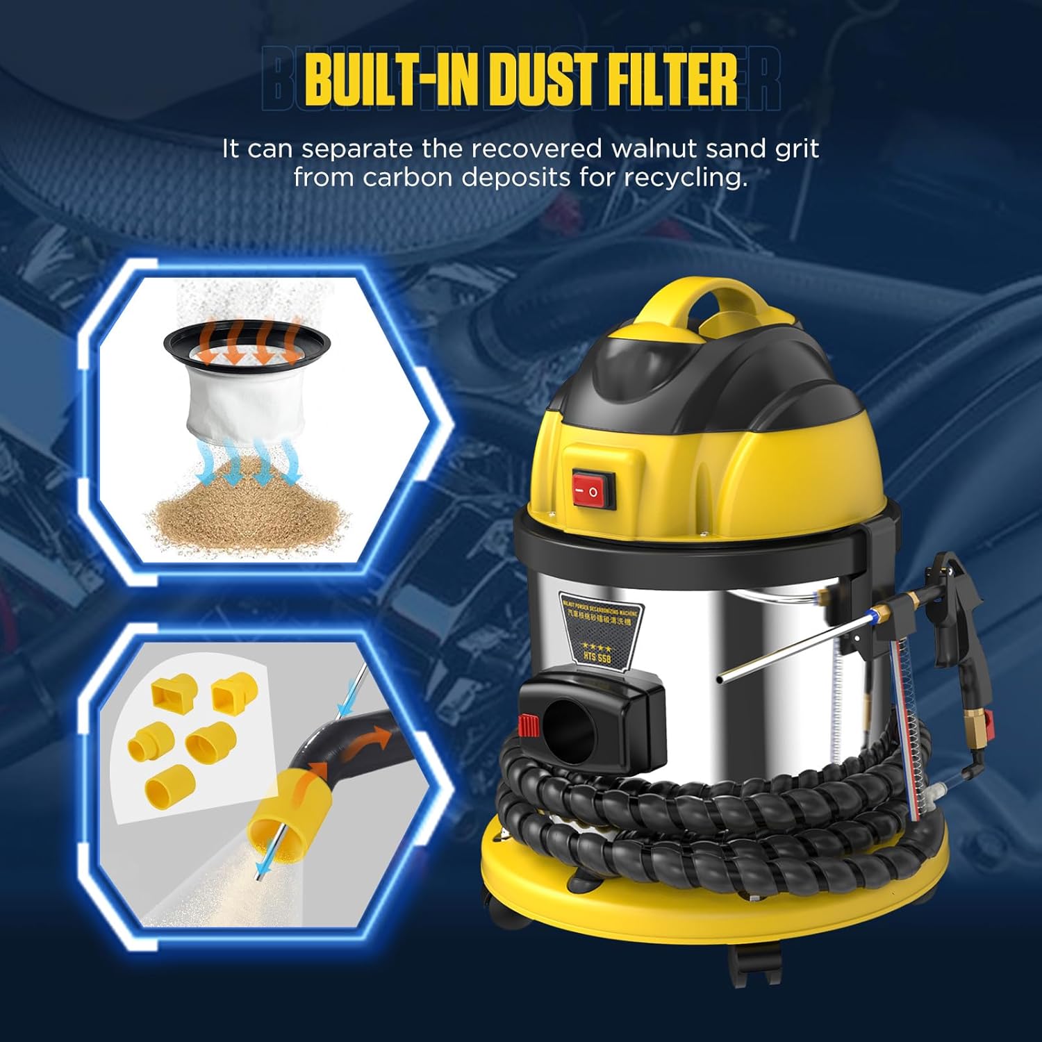 Walnut Blasting Cleaner Machine, with 2KG Walnut Sand & 5 Pcs Adapters Automotive Engine System Intake Pipe Exhaust Valve Cleaning Machine, 1200W 110V/220V Carbon Remover