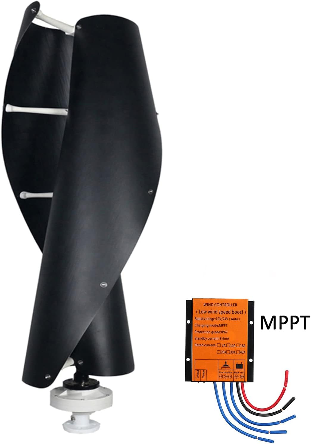 Vertical Coreless Wind Turbine Generator, 2 Blades AC Spiral Wind Turbine 12V 24V 48V 220V 8000W with MPPT Controller for Home Use (Black,Low Noise)