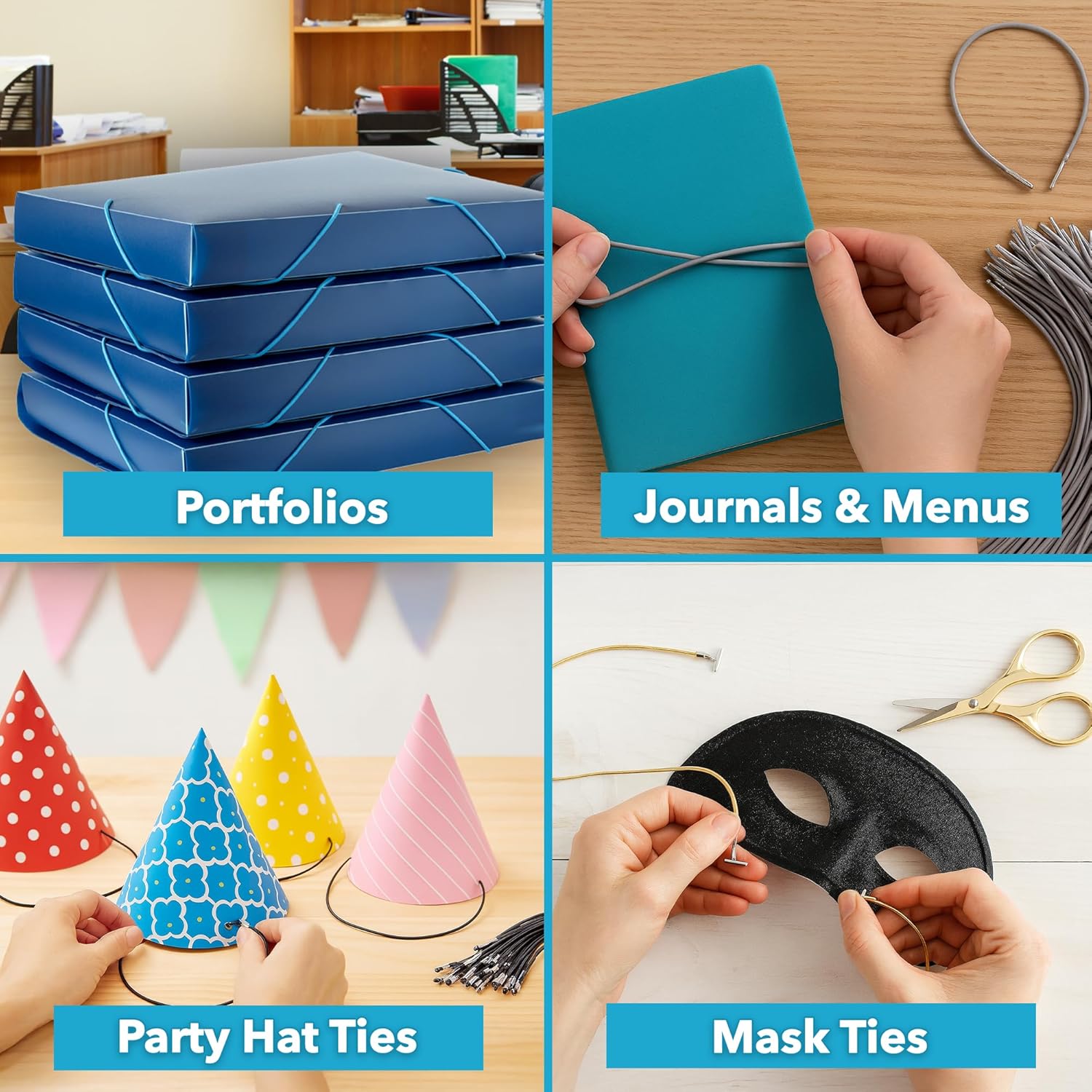 Mandala Crafts White Barbed Elastic Barbed Cord - 500 Round 13” Craft Elastic Cords with Metal Ends for Menu Bands, Badge Loops, and Light-Duty Fastening